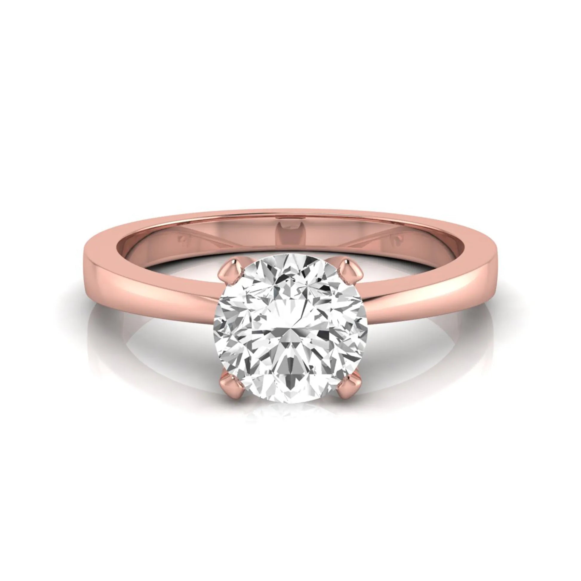 Round lab grown diamond solitaire engagement ring featuring a 1.03 carat IGI certified round brilliant diamond in a classic four-prong rose gold setting.