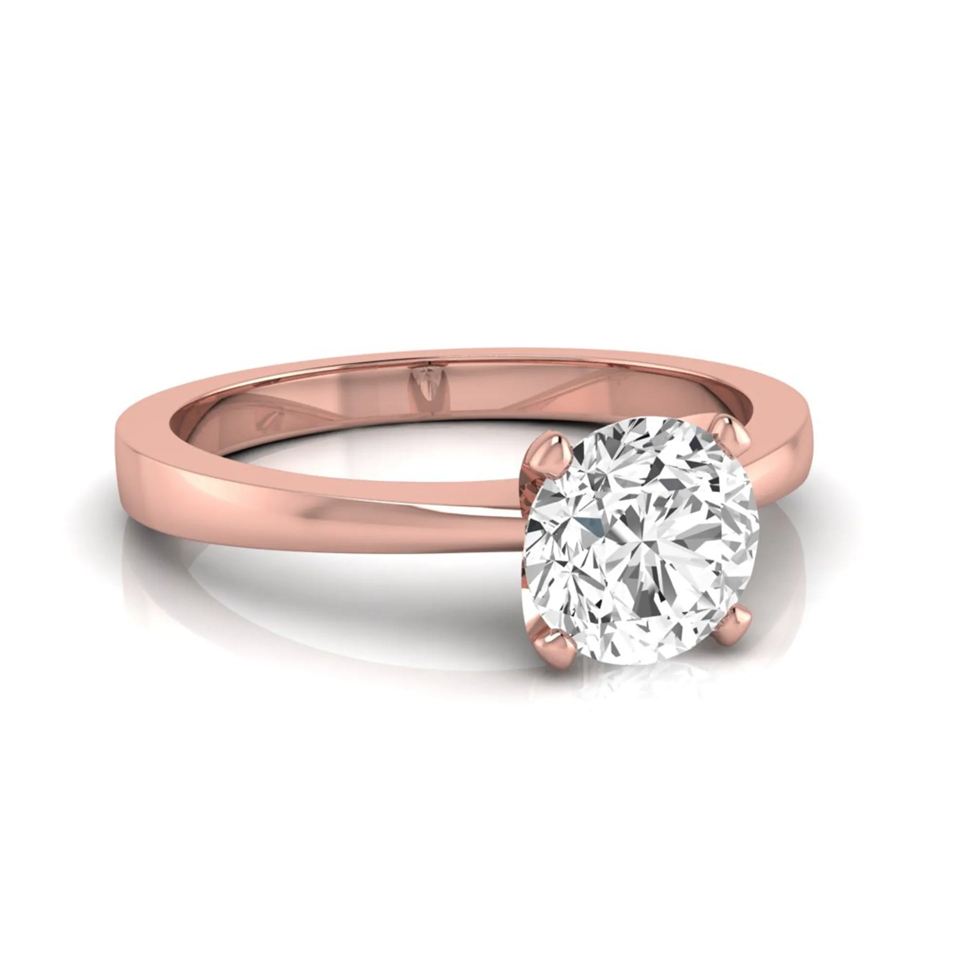 Round lab grown diamond solitaire engagement ring featuring a 1.03 carat IGI certified round brilliant diamond in a classic four-prong rose gold setting.