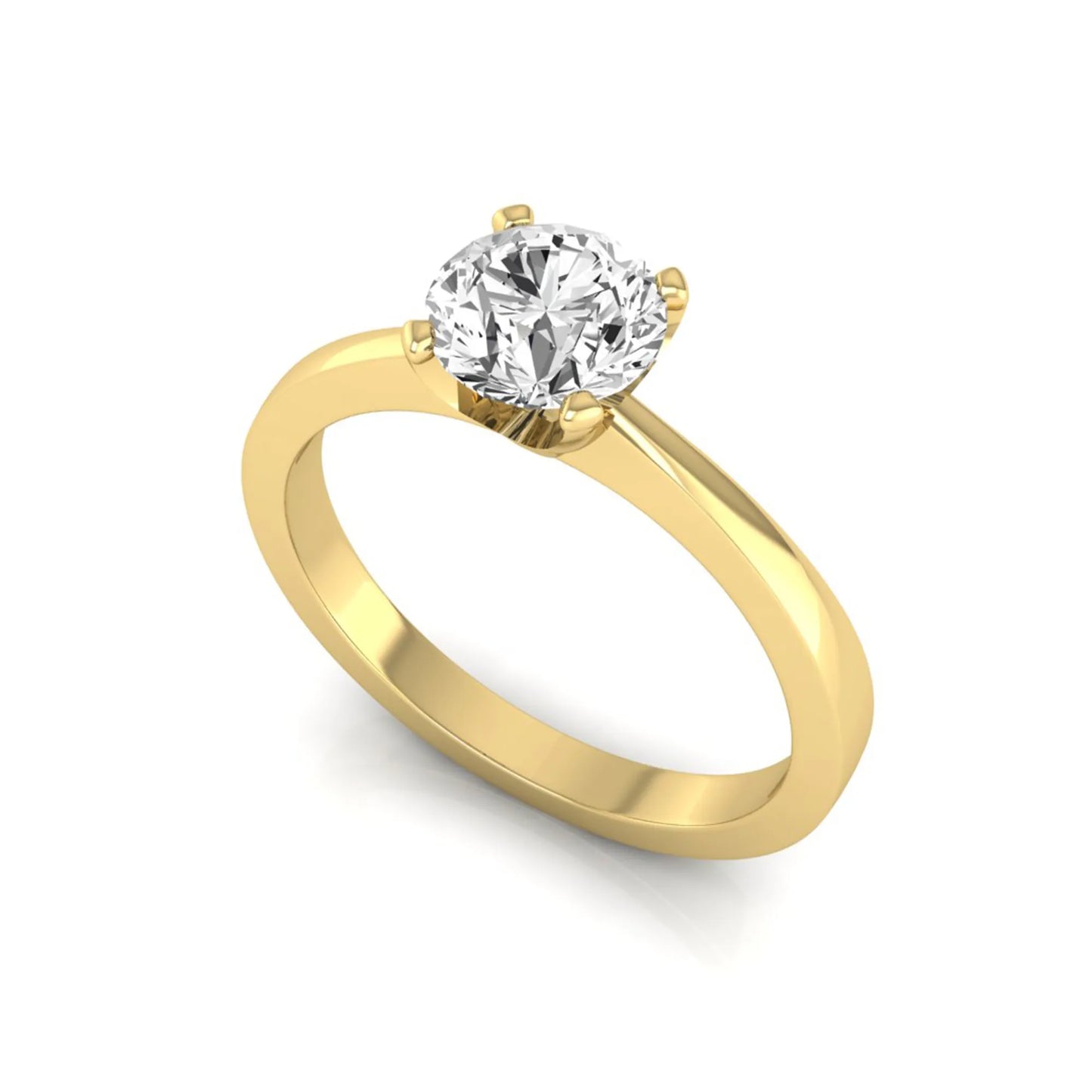 Round lab grown diamond solitaire engagement ring featuring a 1.03 carat IGI certified round brilliant diamond in a classic four-prong yellow gold setting.