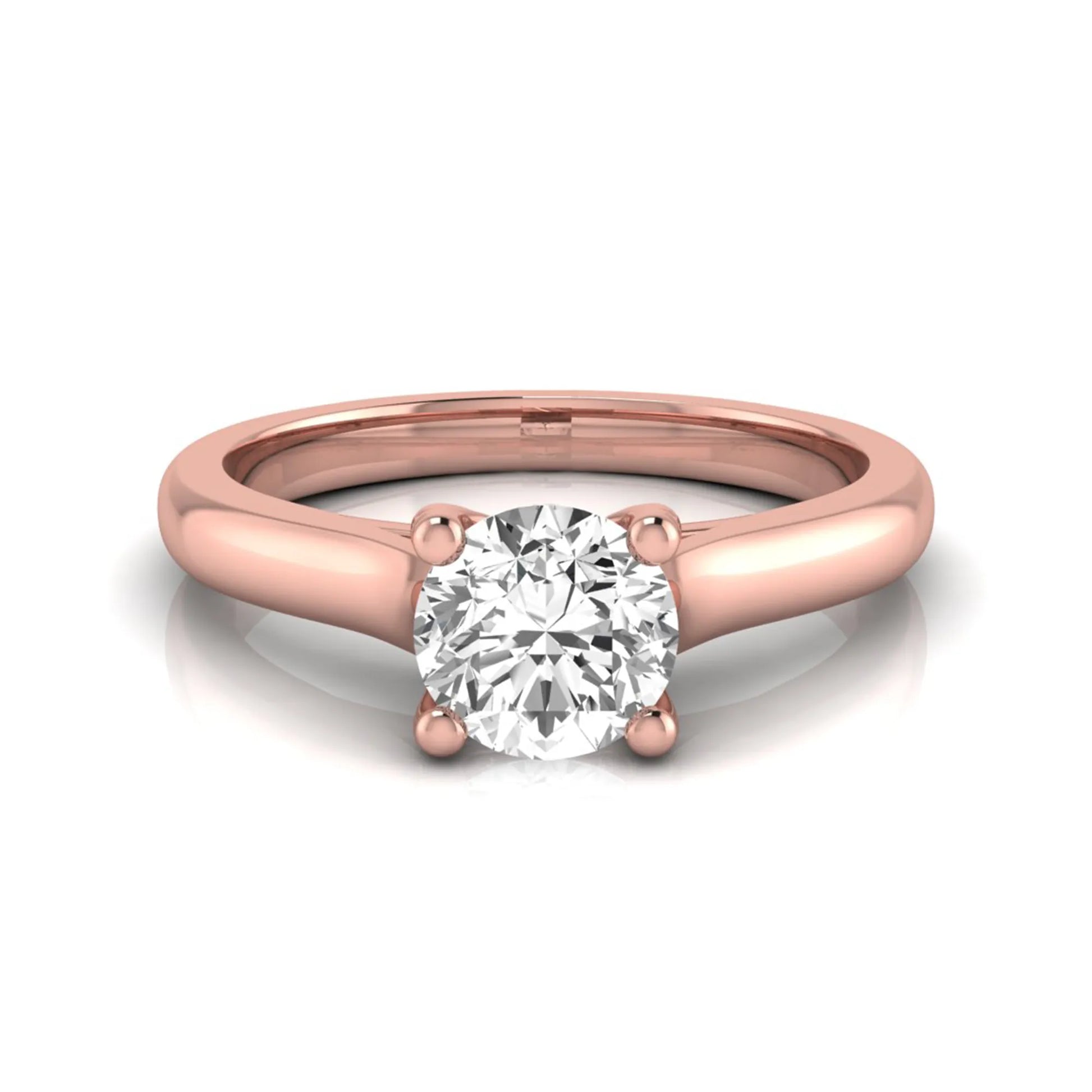 Round lab grown diamond solitaire engagement ring featuring a 0.65 carat round brilliant diamond in a classic four-prong rose gold setting.