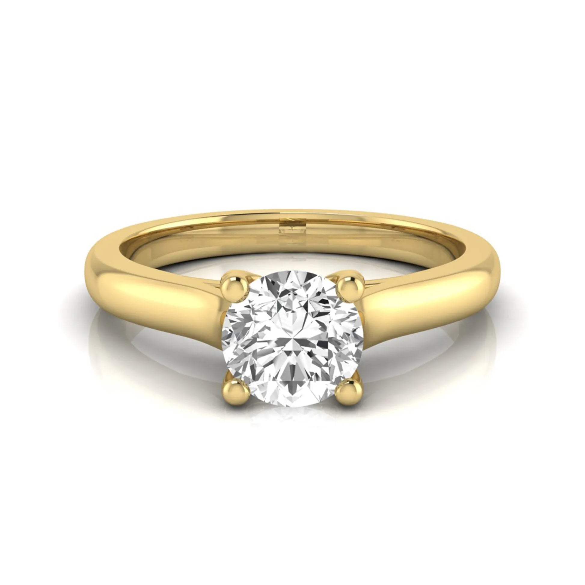 Round lab grown diamond solitaire engagement ring featuring a 0.65 carat round brilliant diamond in a classic four-prong yellow gold setting.