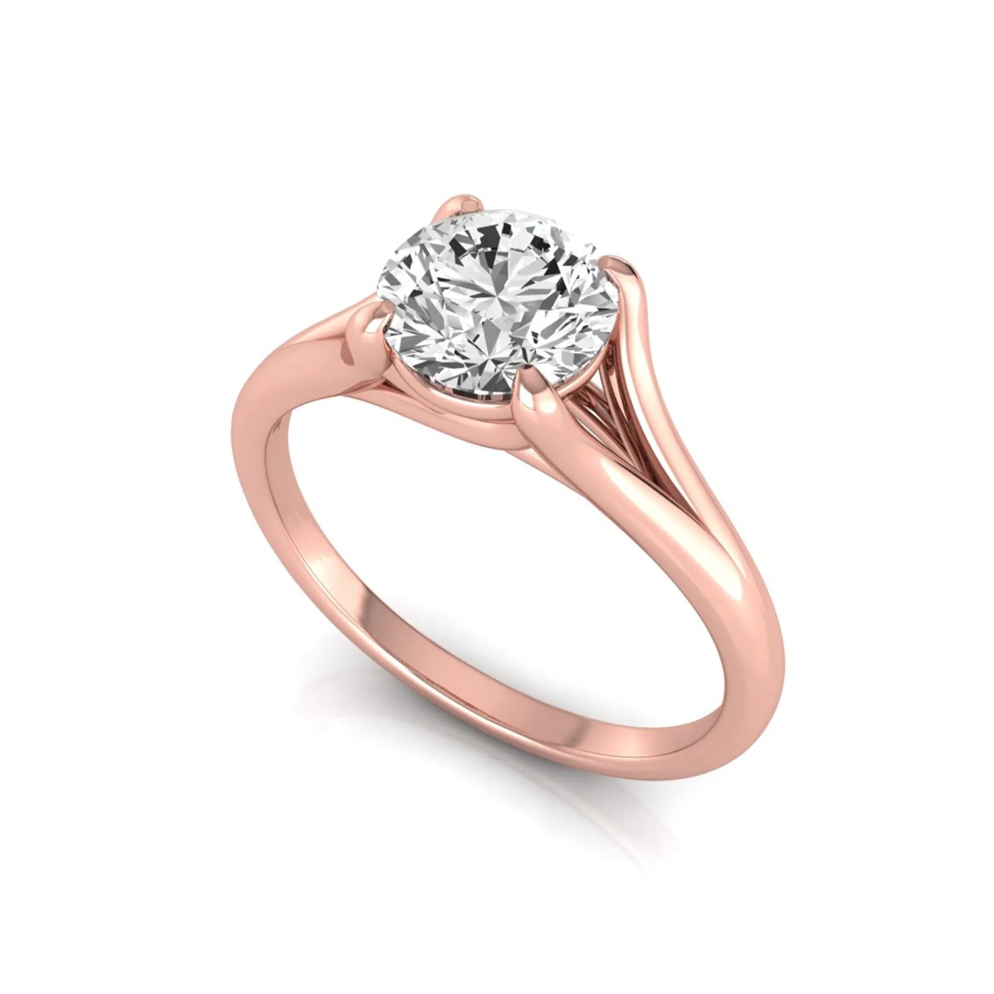 Round cut lab grown diamond split shank solitaire engagement ring featuring a 1.55 carat IGI certified center diamond in rose gold.