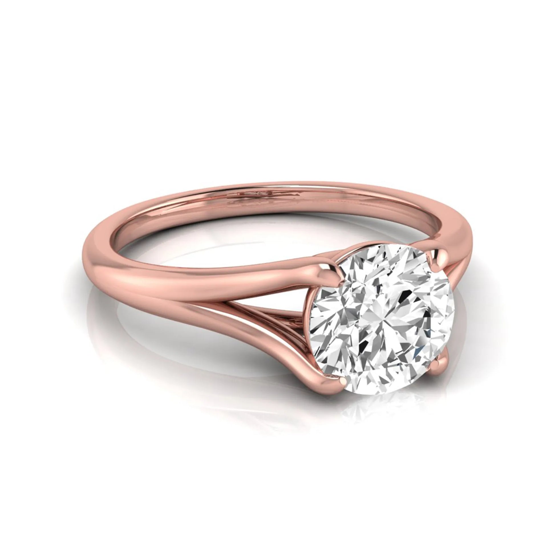 Round cut lab grown diamond split shank solitaire engagement ring featuring a 1.55 carat IGI certified center diamond in rose gold.