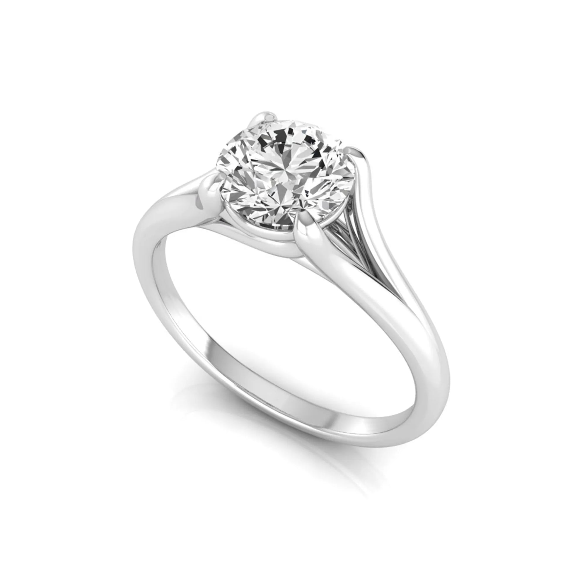 Round cut lab grown diamond split shank solitaire engagement ring featuring a 1.55 carat IGI certified center diamond in white gold.