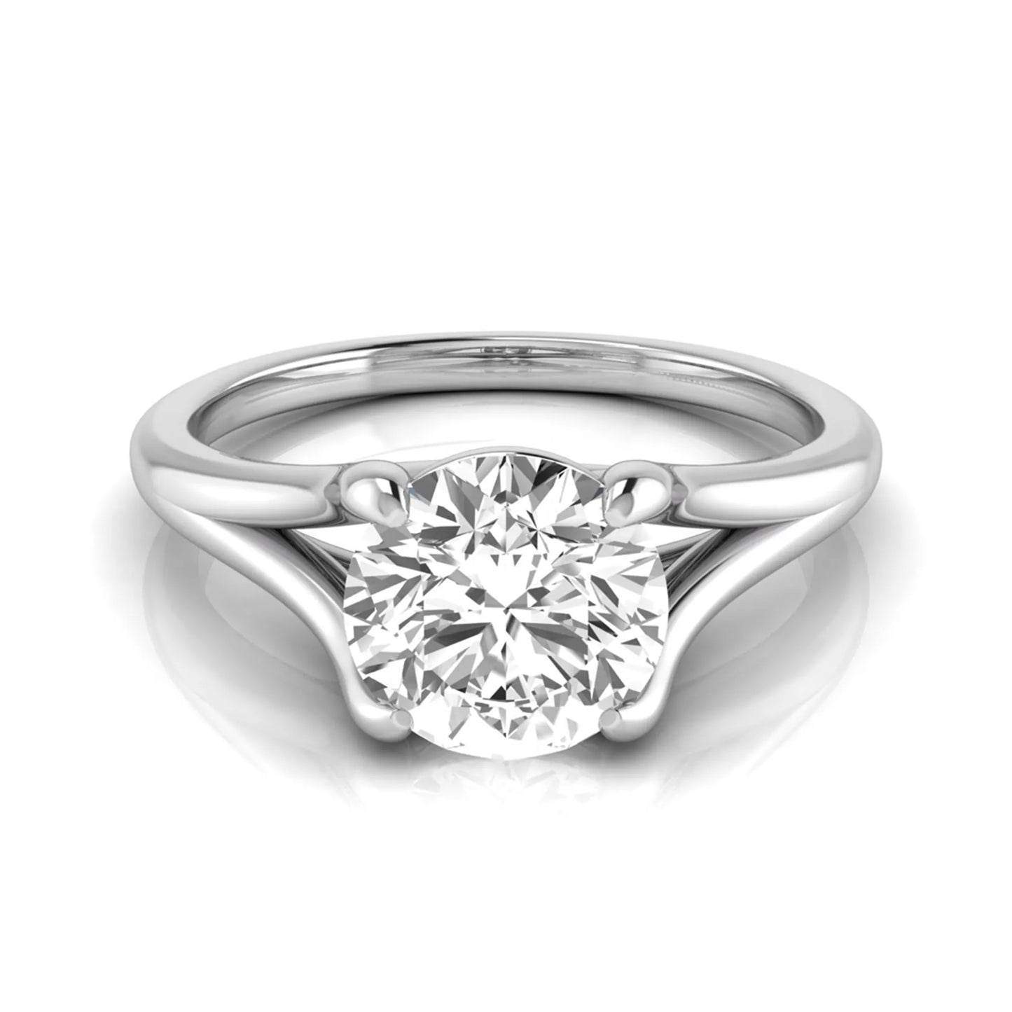Round cut lab grown diamond split shank solitaire engagement ring featuring a 1.55 carat IGI certified center diamond in white gold.