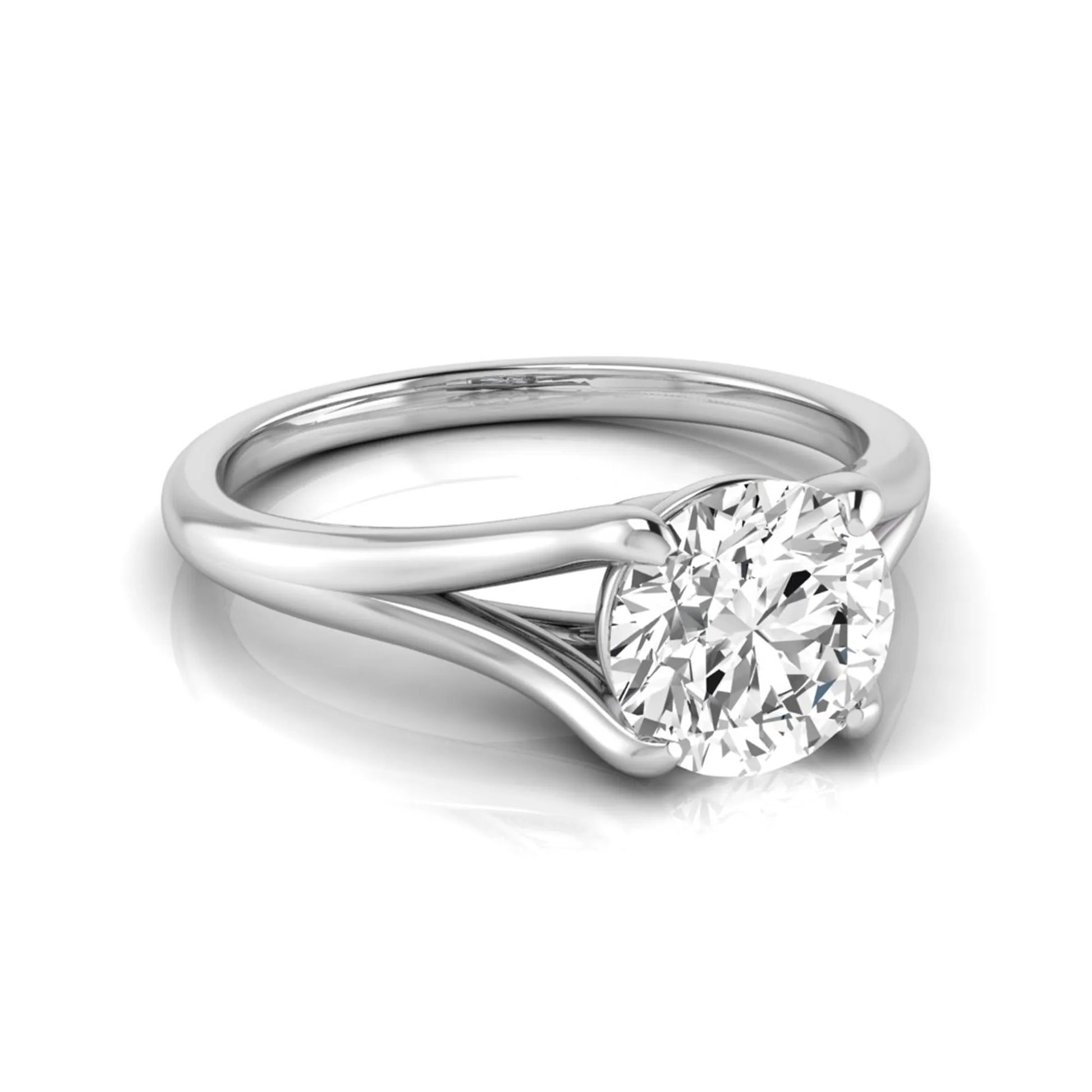 Round cut lab grown diamond split shank solitaire engagement ring featuring a 1.55 carat IGI certified center diamond in white gold.