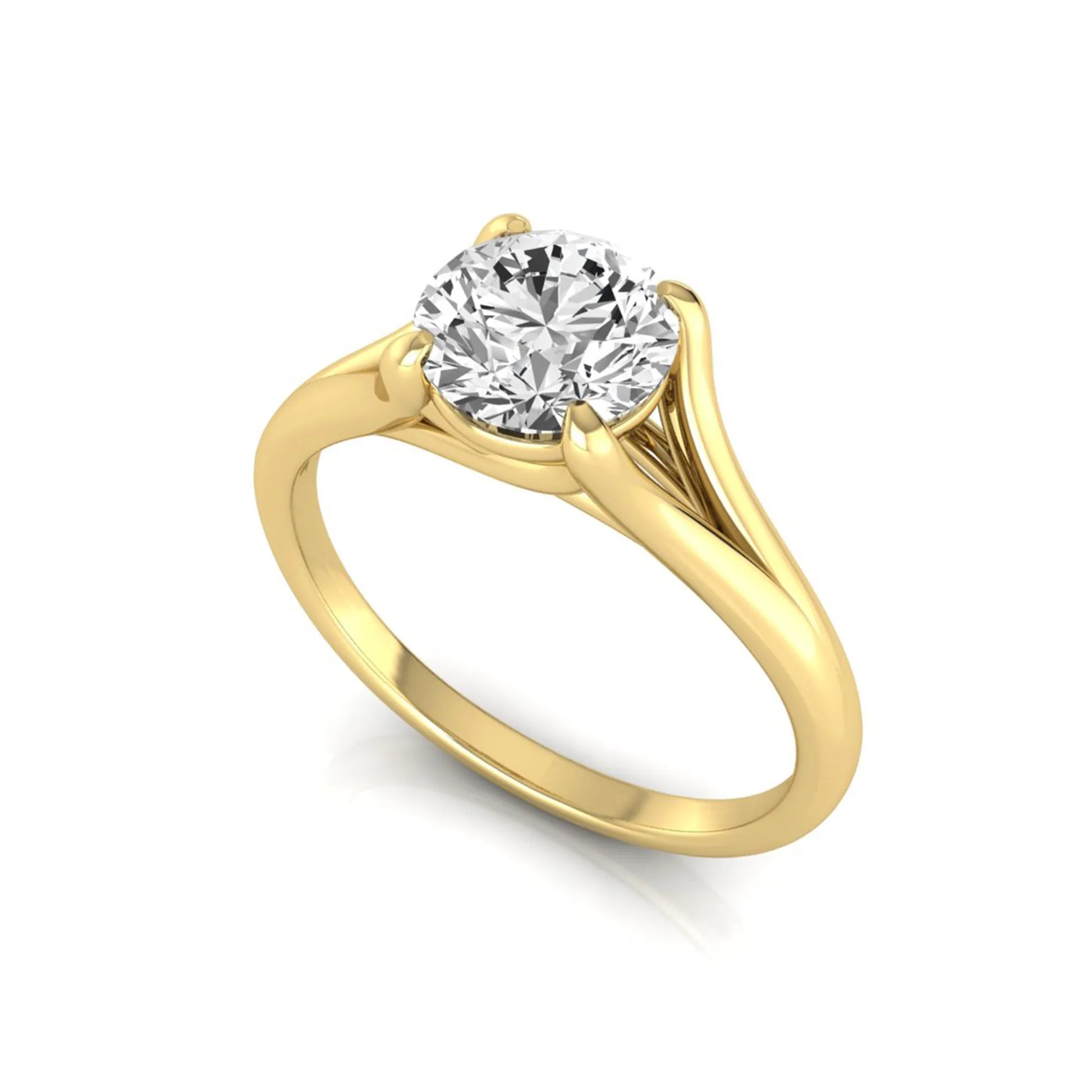 Round cut lab grown diamond split shank solitaire engagement ring featuring a 1.55 carat IGI certified center diamond in yellow gold.