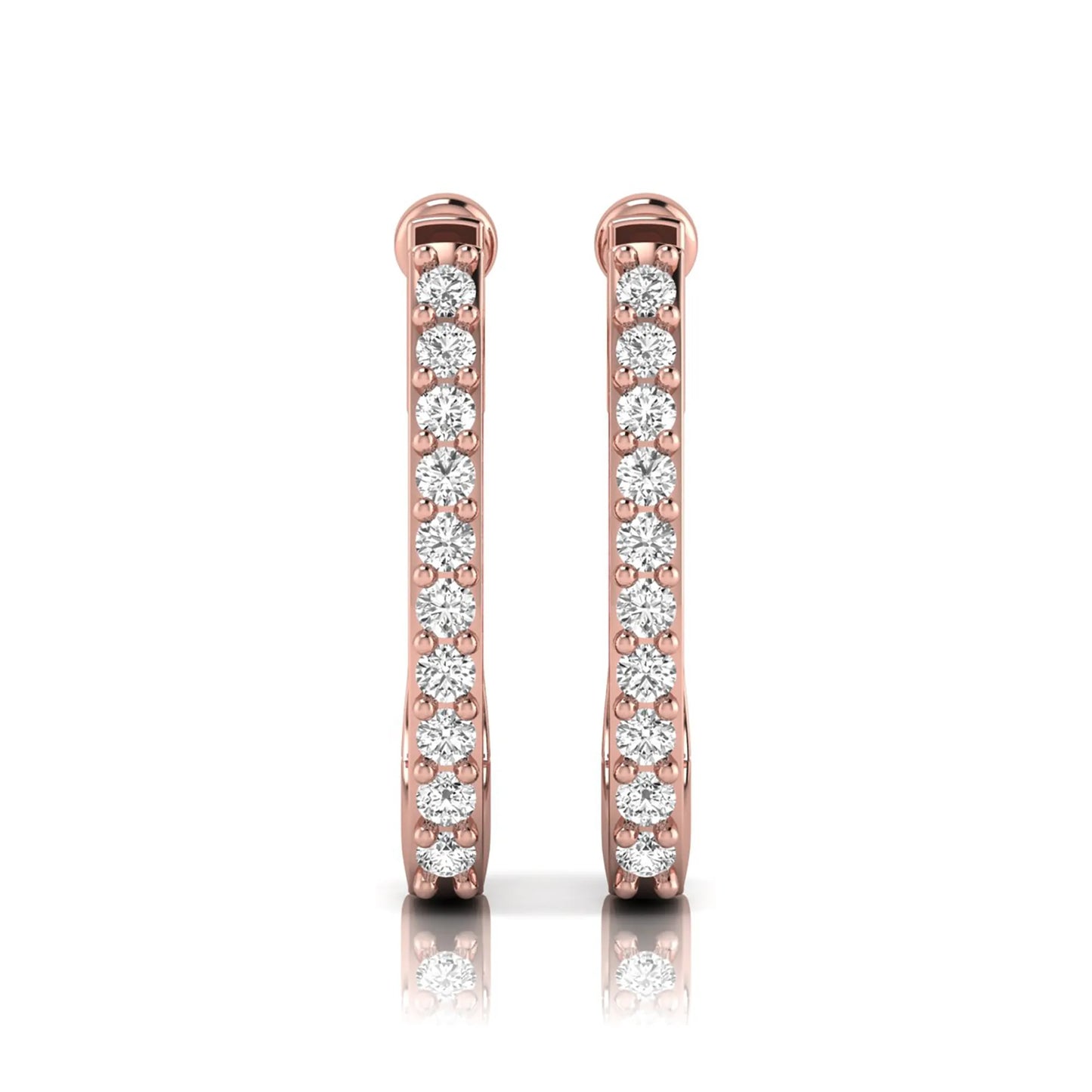 Round lab grown diamond square huggie hoop earrings featuring round brilliant diamonds in a continuous shared prong setting with a modern square silhouette in rose gold