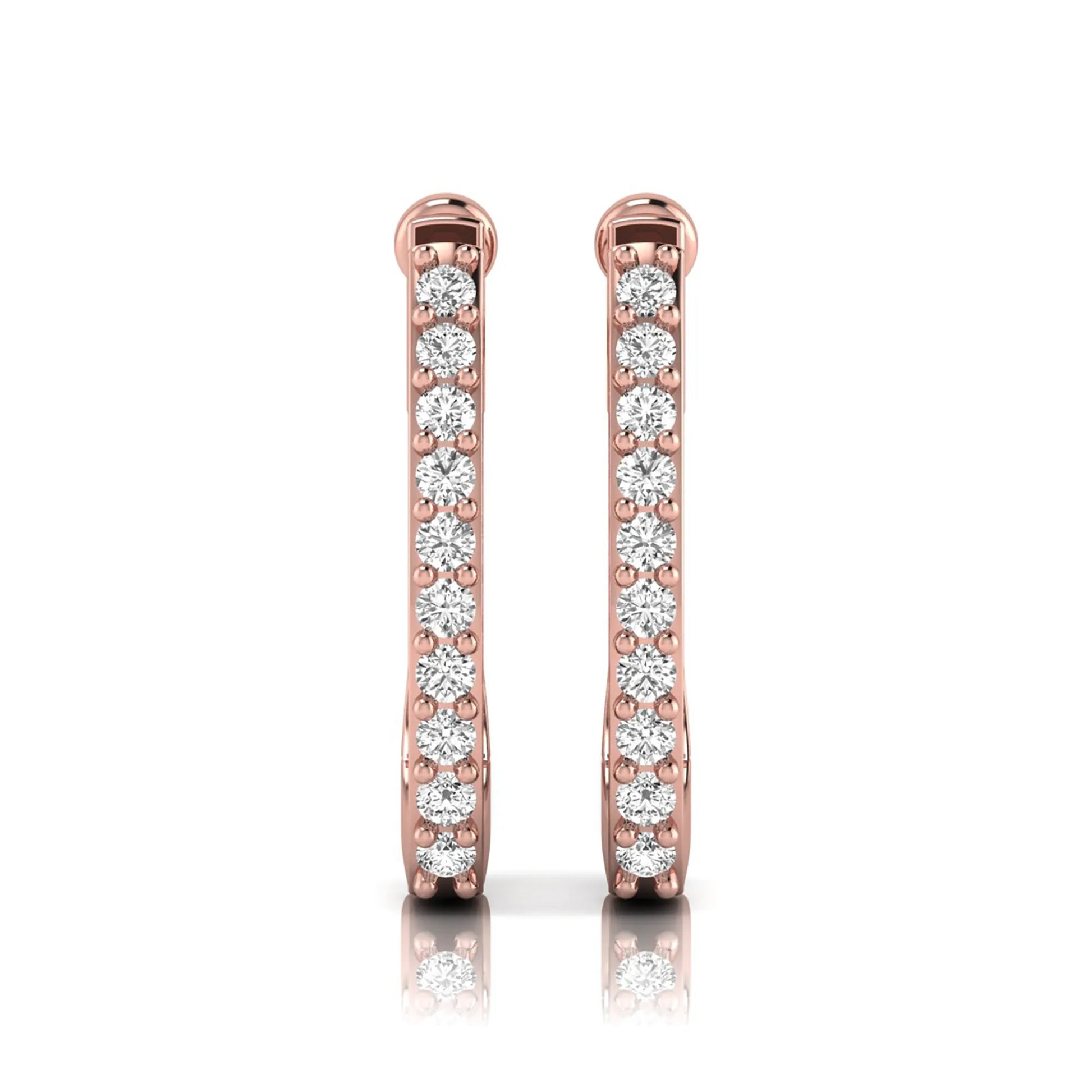 Round lab grown diamond square huggie hoop earrings featuring round brilliant diamonds in a continuous shared prong setting with a modern square silhouette in rose gold