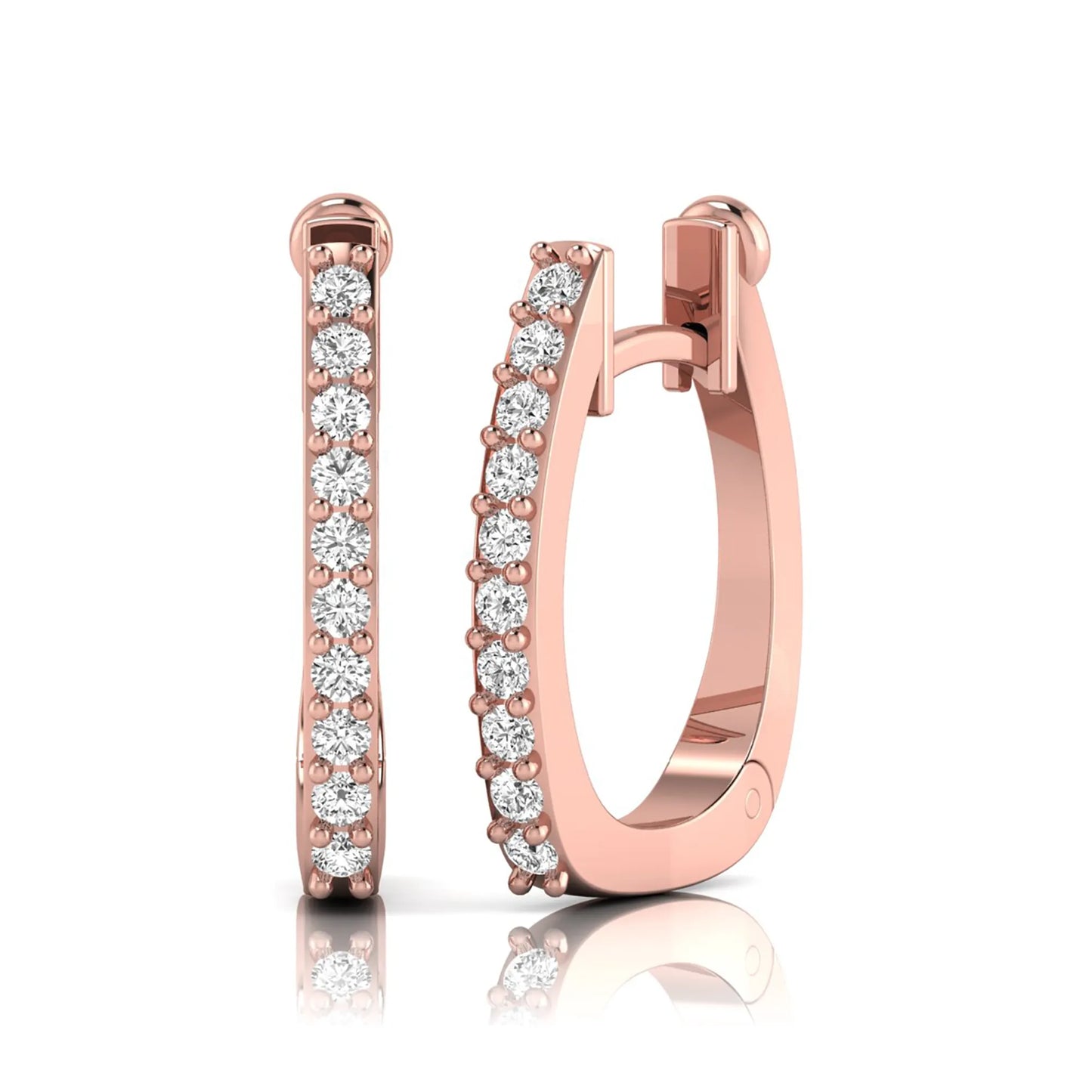 Round lab grown diamond square huggie hoop earrings featuring round brilliant diamonds in a continuous shared prong setting with a modern square silhouette in rose gold