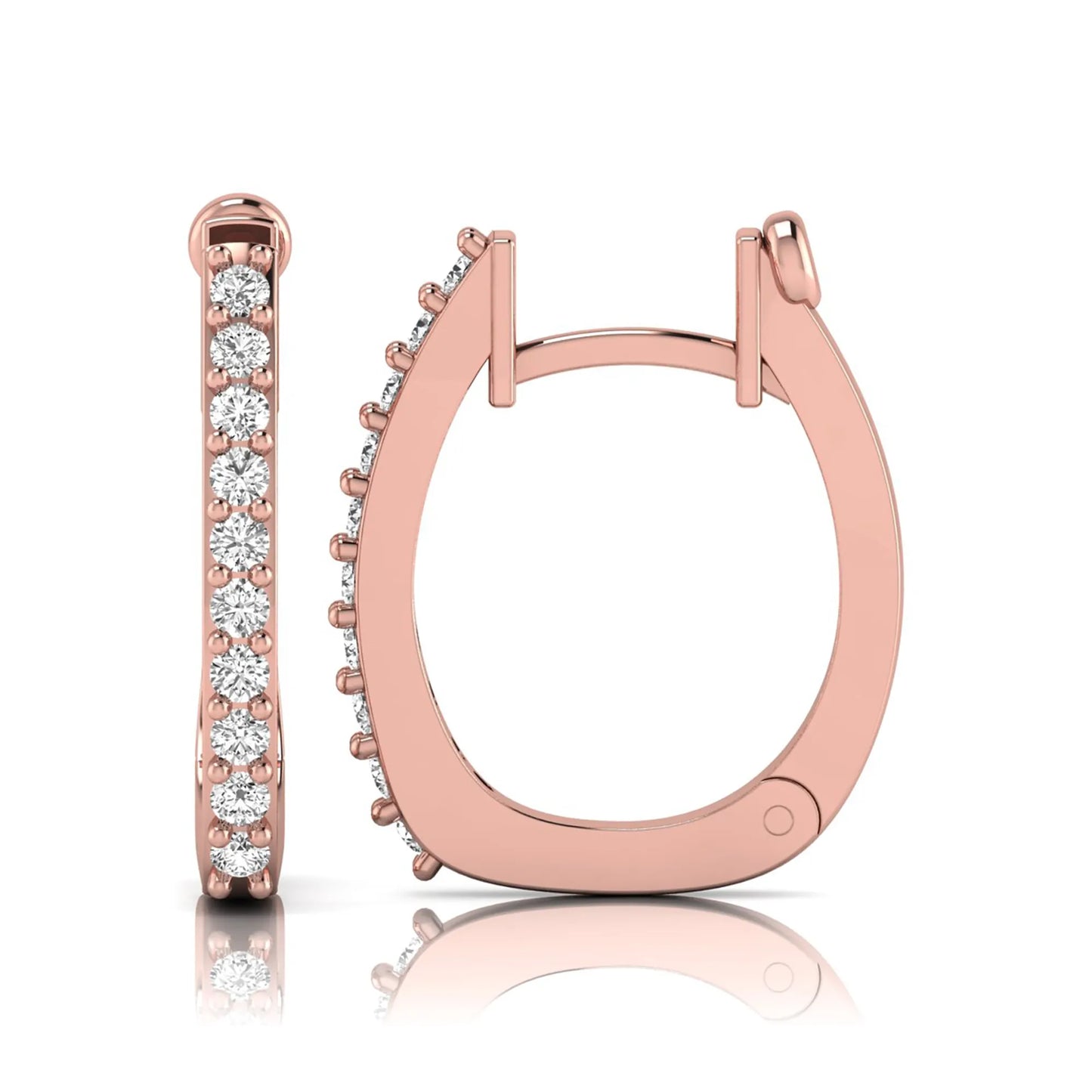 Round lab grown diamond square huggie hoop earrings featuring round brilliant diamonds in a continuous shared prong setting with a modern square silhouette in rose gold