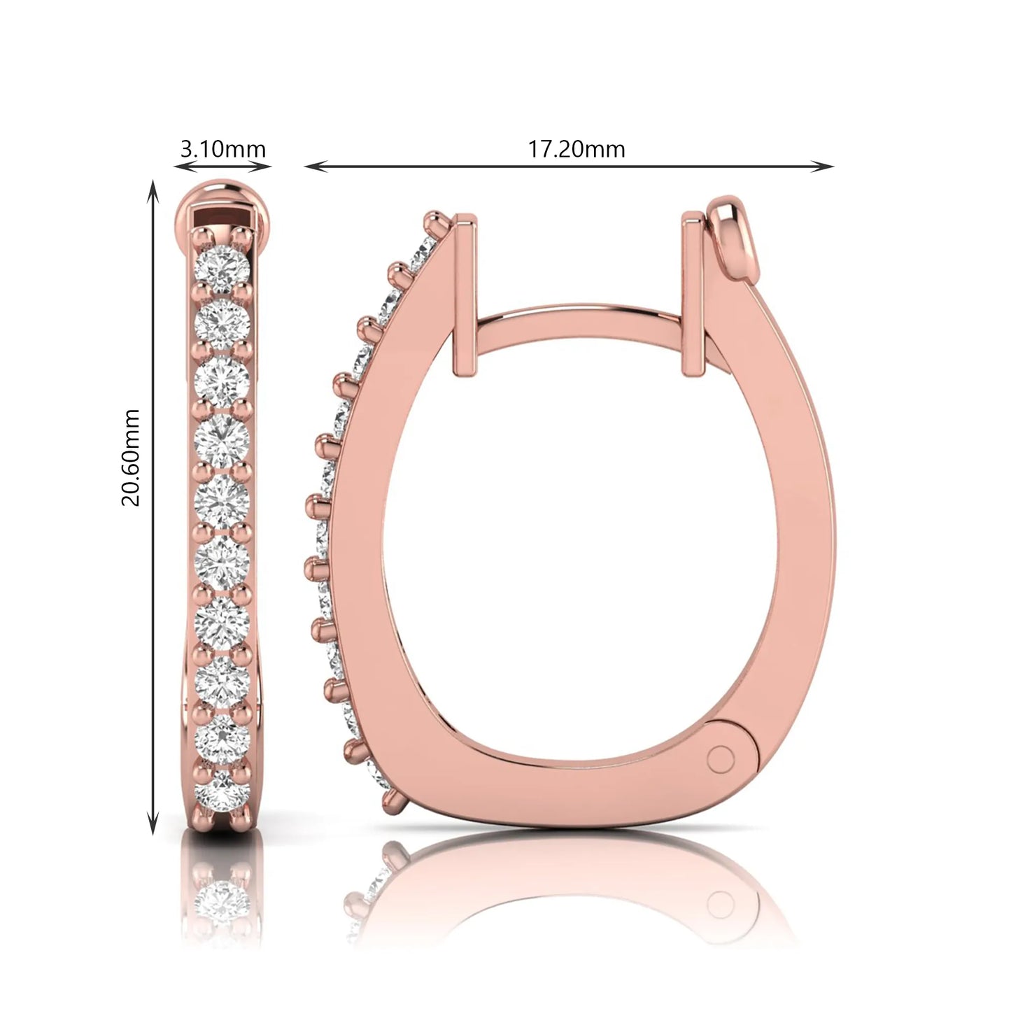 Round lab grown diamond square huggie hoop earrings featuring round brilliant diamonds in a continuous shared prong setting with a modern square silhouette in rose gold