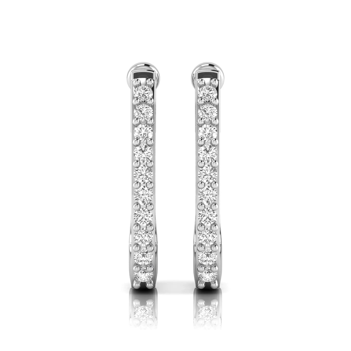 Round lab grown diamond square huggie hoop earrings featuring round brilliant diamonds in a continuous shared prong setting with a modern square silhouette in white gold