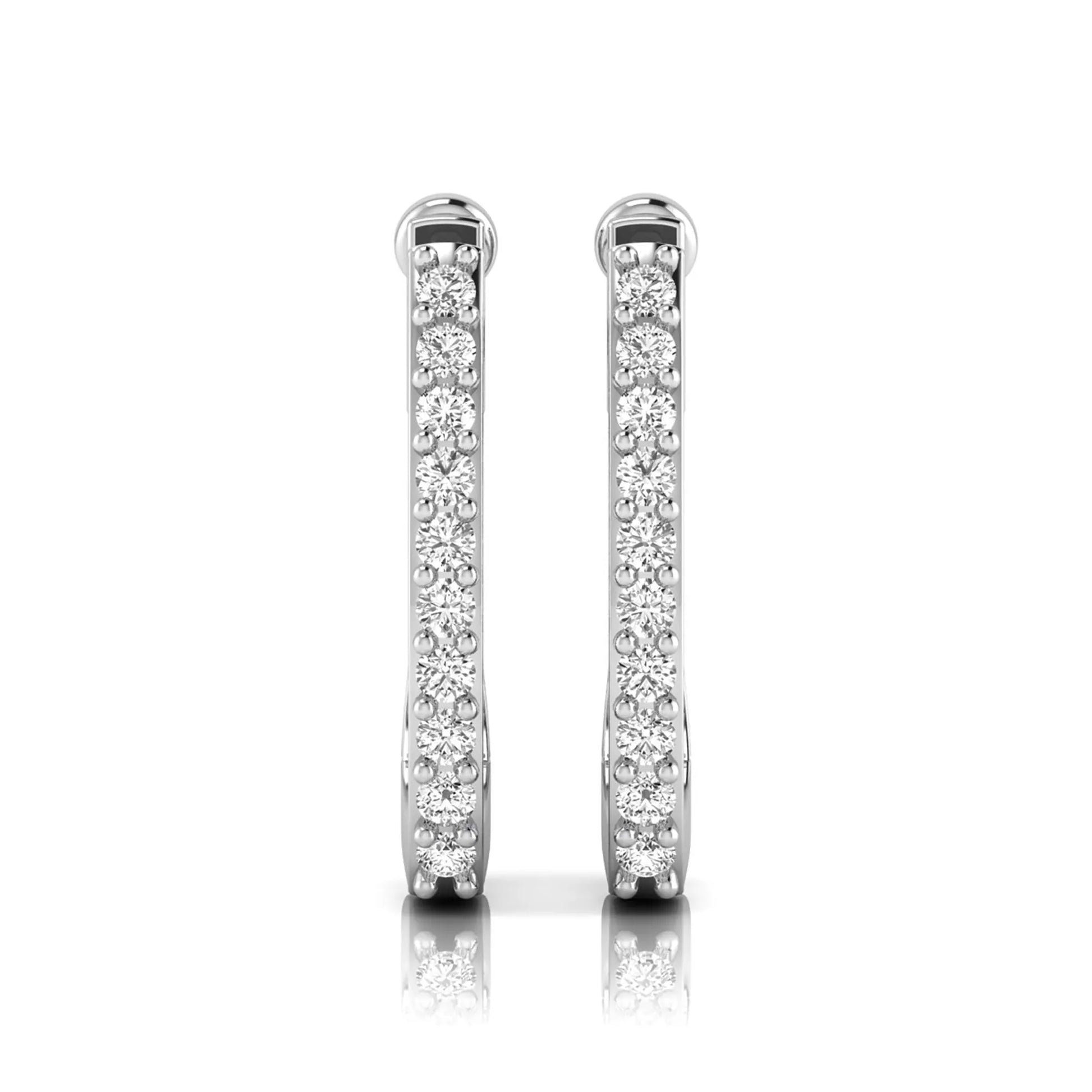 Round lab grown diamond square huggie hoop earrings featuring round brilliant diamonds in a continuous shared prong setting with a modern square silhouette in white gold