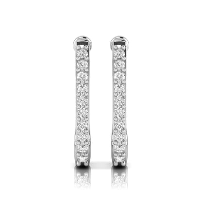 Round lab grown diamond square huggie hoop earrings featuring round brilliant diamonds in a continuous shared prong setting with a modern square silhouette in white gold