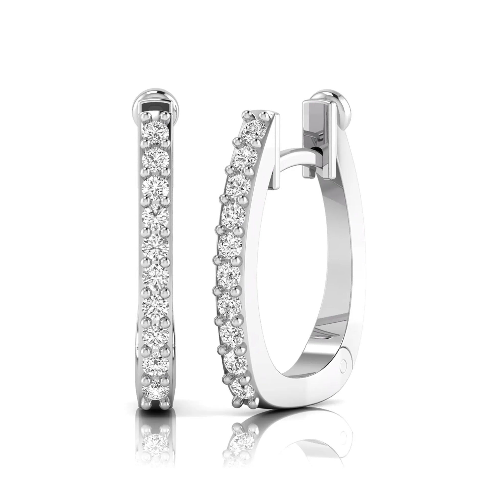 Round lab grown diamond square huggie hoop earrings featuring round brilliant diamonds in a continuous shared prong setting with a modern square silhouette in white gold