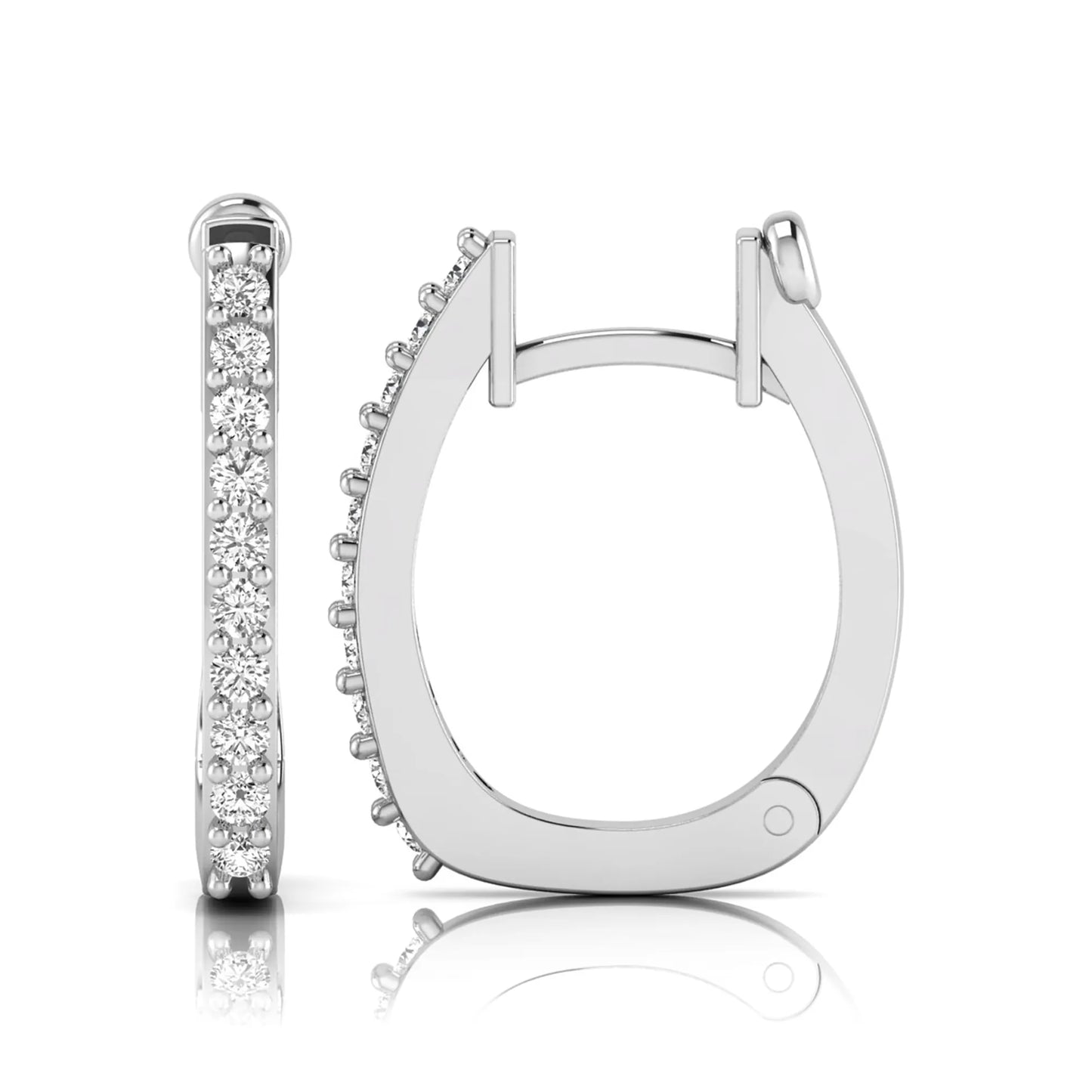 Round lab grown diamond square huggie hoop earrings featuring round brilliant diamonds in a continuous shared prong setting with a modern square silhouette in white gold