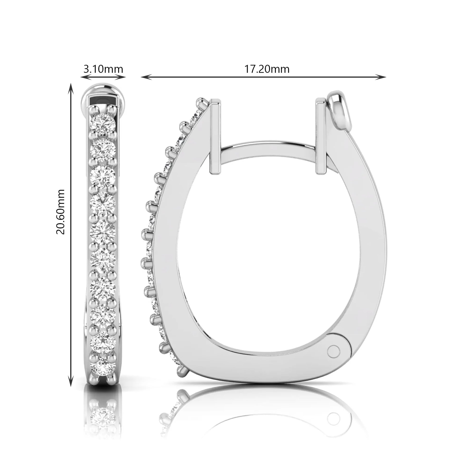 Round lab grown diamond square huggie hoop earrings featuring round brilliant diamonds in a continuous shared prong setting with a modern square silhouette in white gold