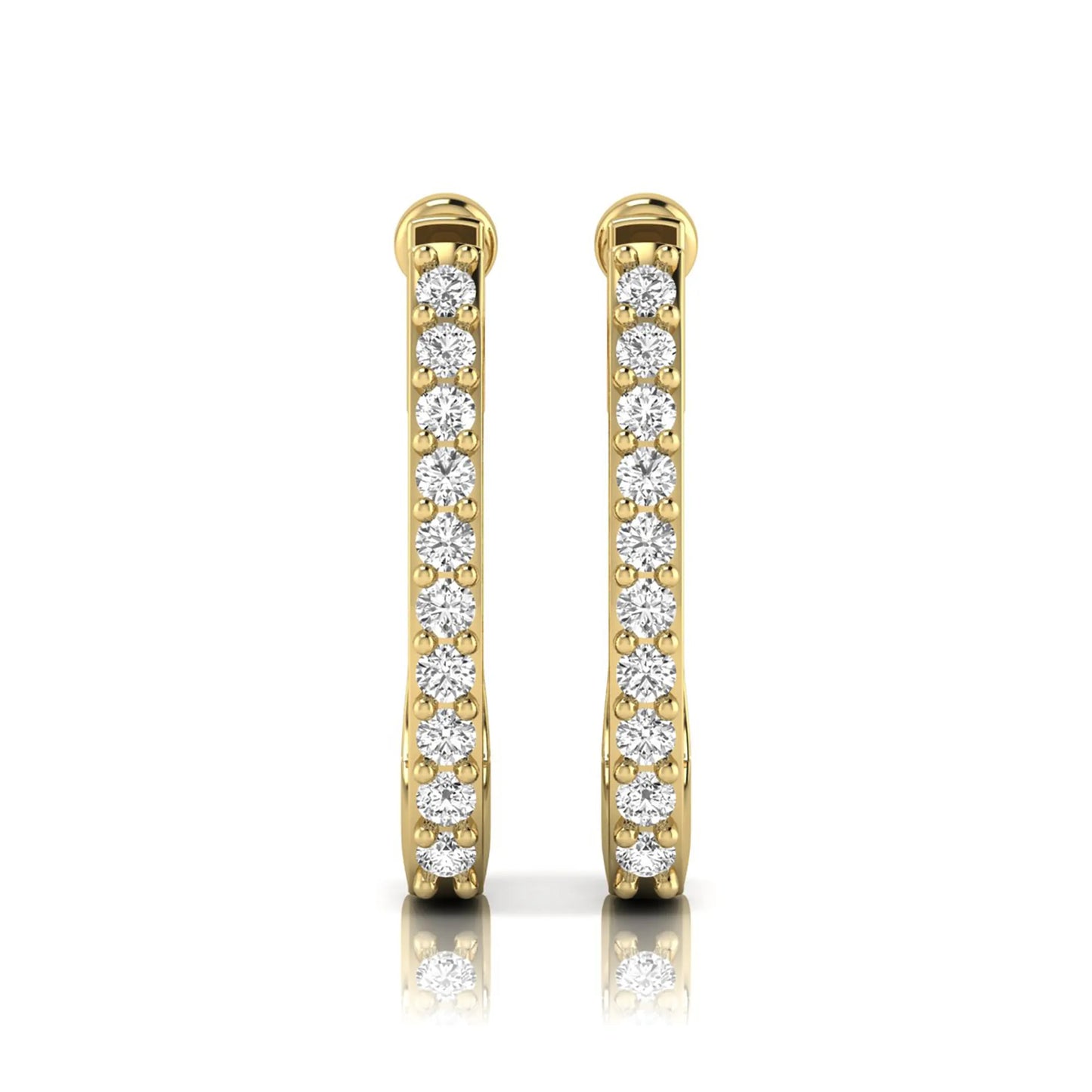 Round lab grown diamond square huggie hoop earrings featuring round brilliant diamonds in a continuous shared prong setting with a modern square silhouette in yellow gold