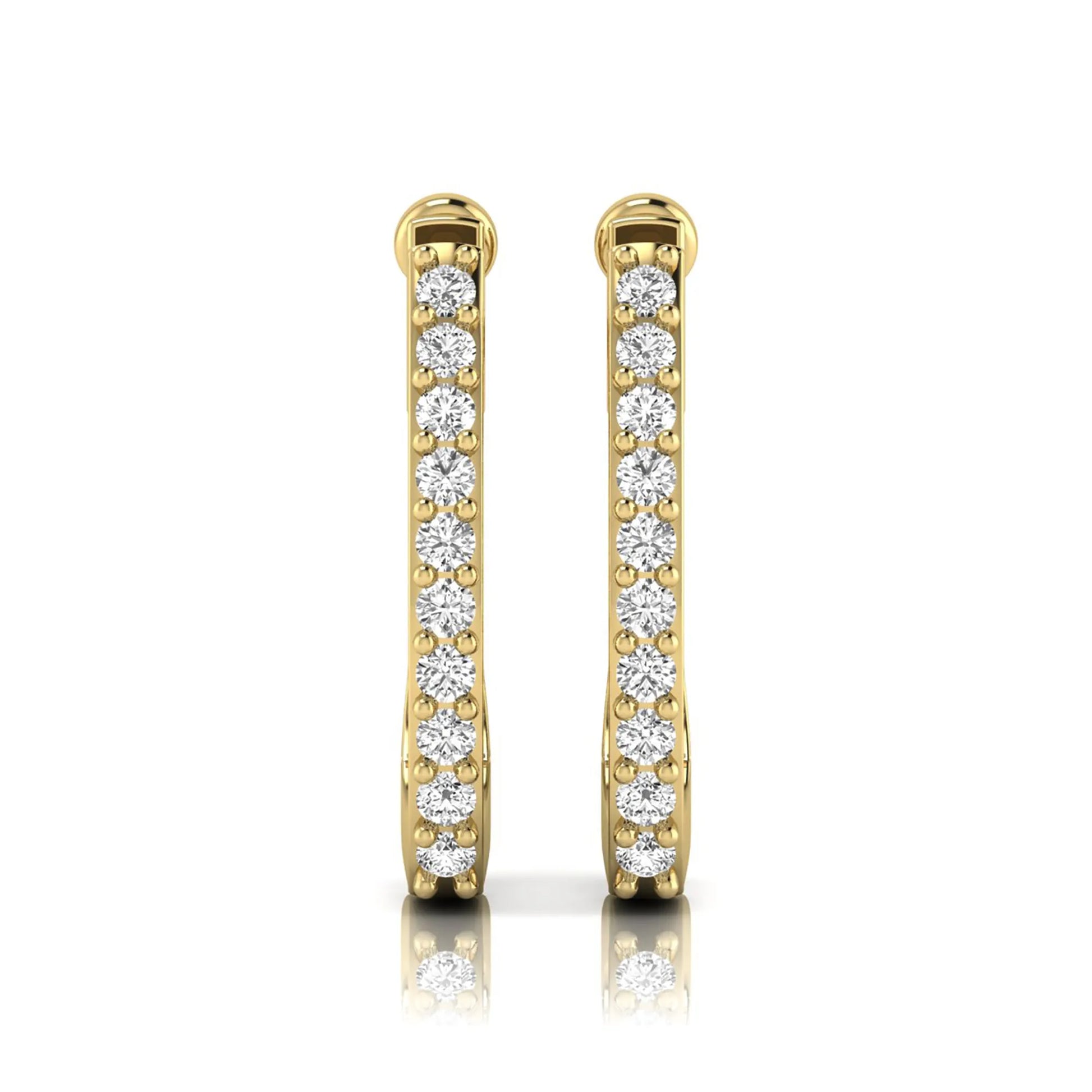 Round lab grown diamond square huggie hoop earrings featuring round brilliant diamonds in a continuous shared prong setting with a modern square silhouette in yellow gold