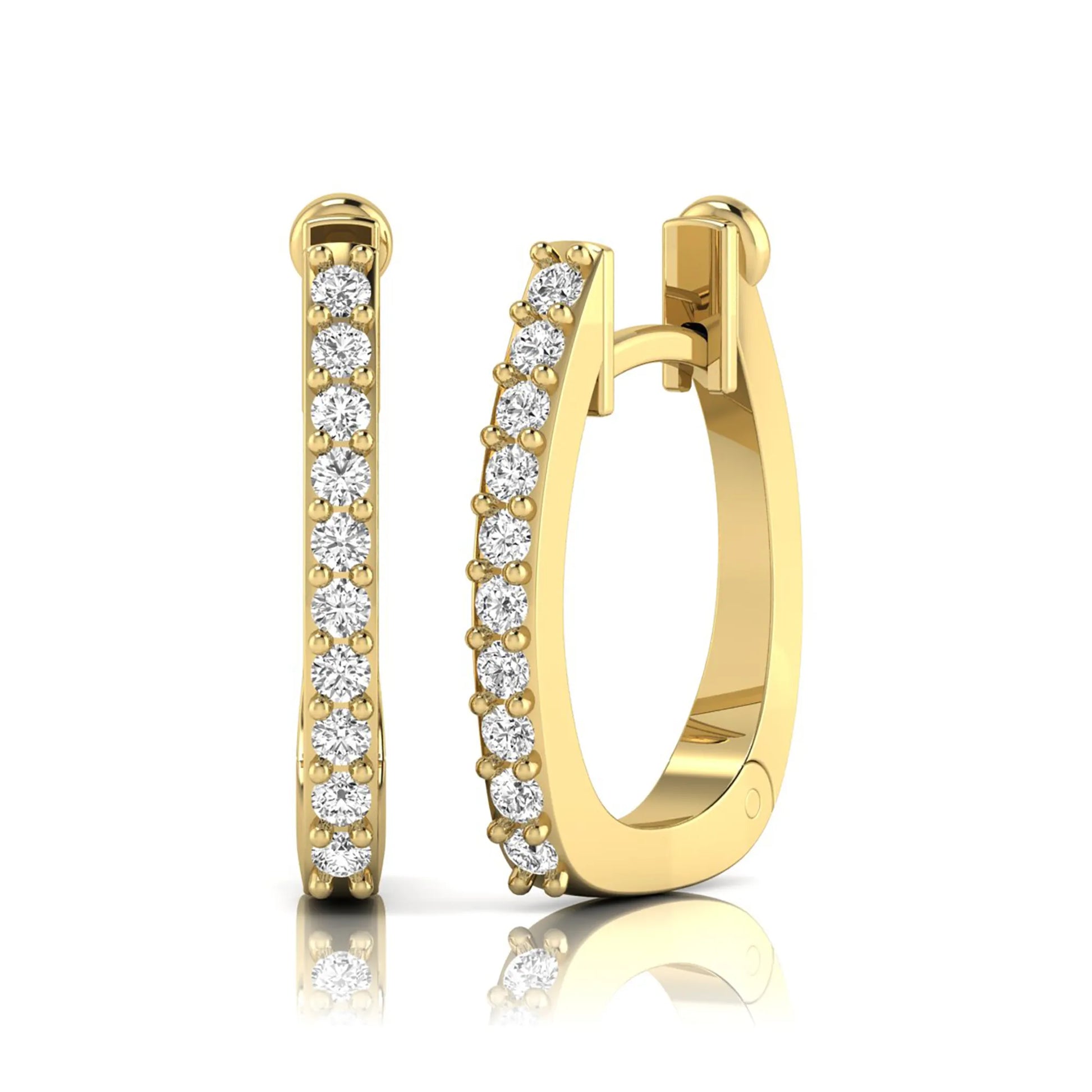 Round lab grown diamond square huggie hoop earrings featuring round brilliant diamonds in a continuous shared prong setting with a modern square silhouette in yellow gold