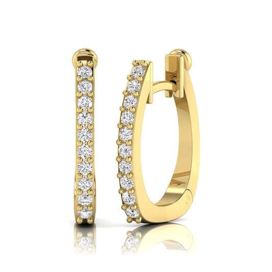 Round lab grown diamond square huggie hoop earrings featuring round brilliant diamonds in a continuous shared prong setting with a modern square silhouette in yellow gold