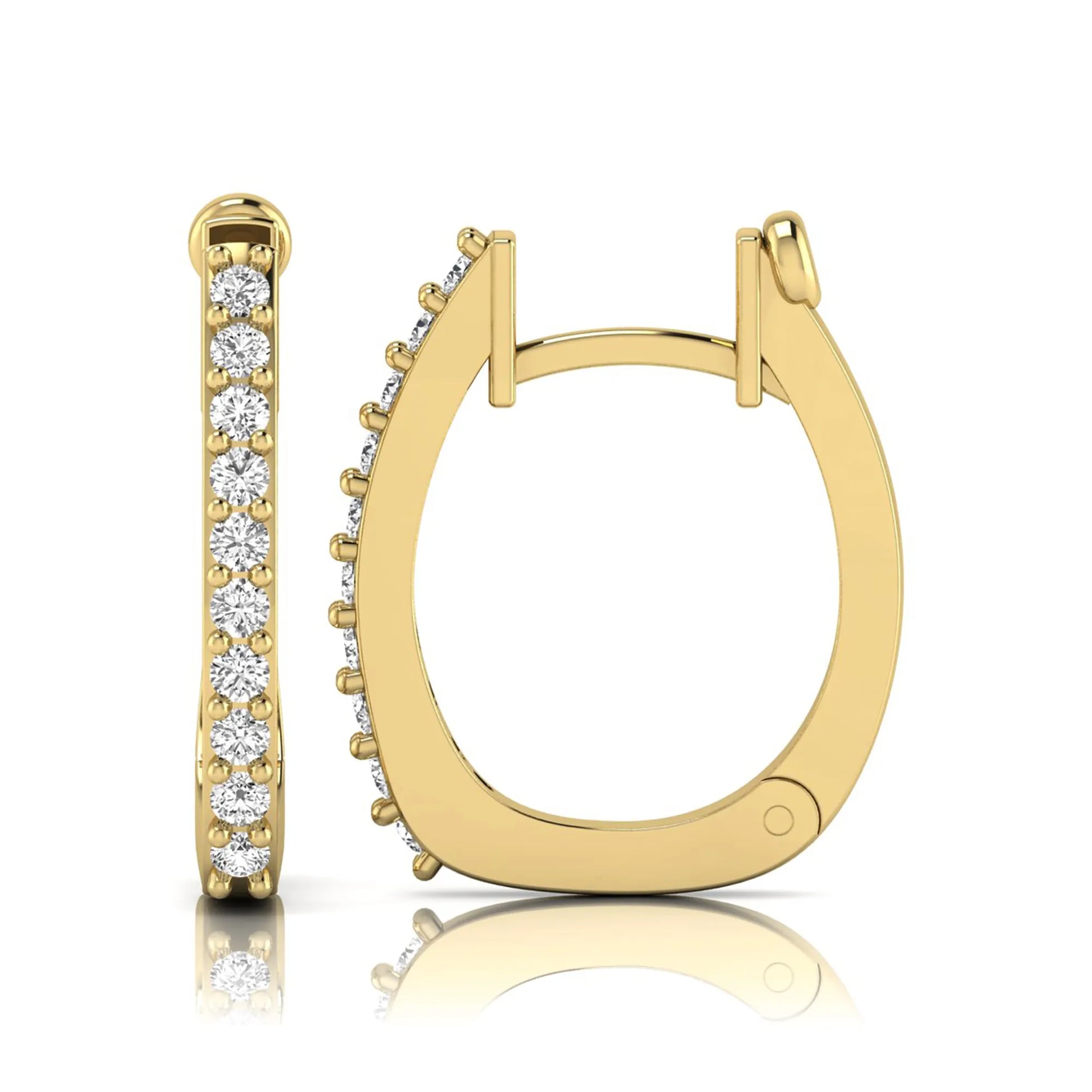 Round lab grown diamond square huggie hoop earrings featuring round brilliant diamonds in a continuous shared prong setting with a modern square silhouette in yellow gold