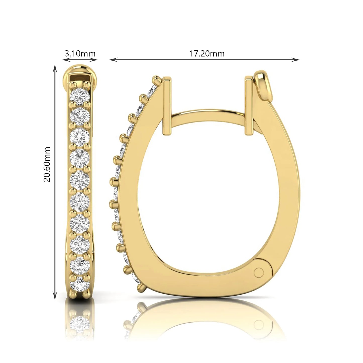 Round lab grown diamond square huggie hoop earrings featuring round brilliant diamonds in a continuous shared prong setting with a modern square silhouette in yellow gold
