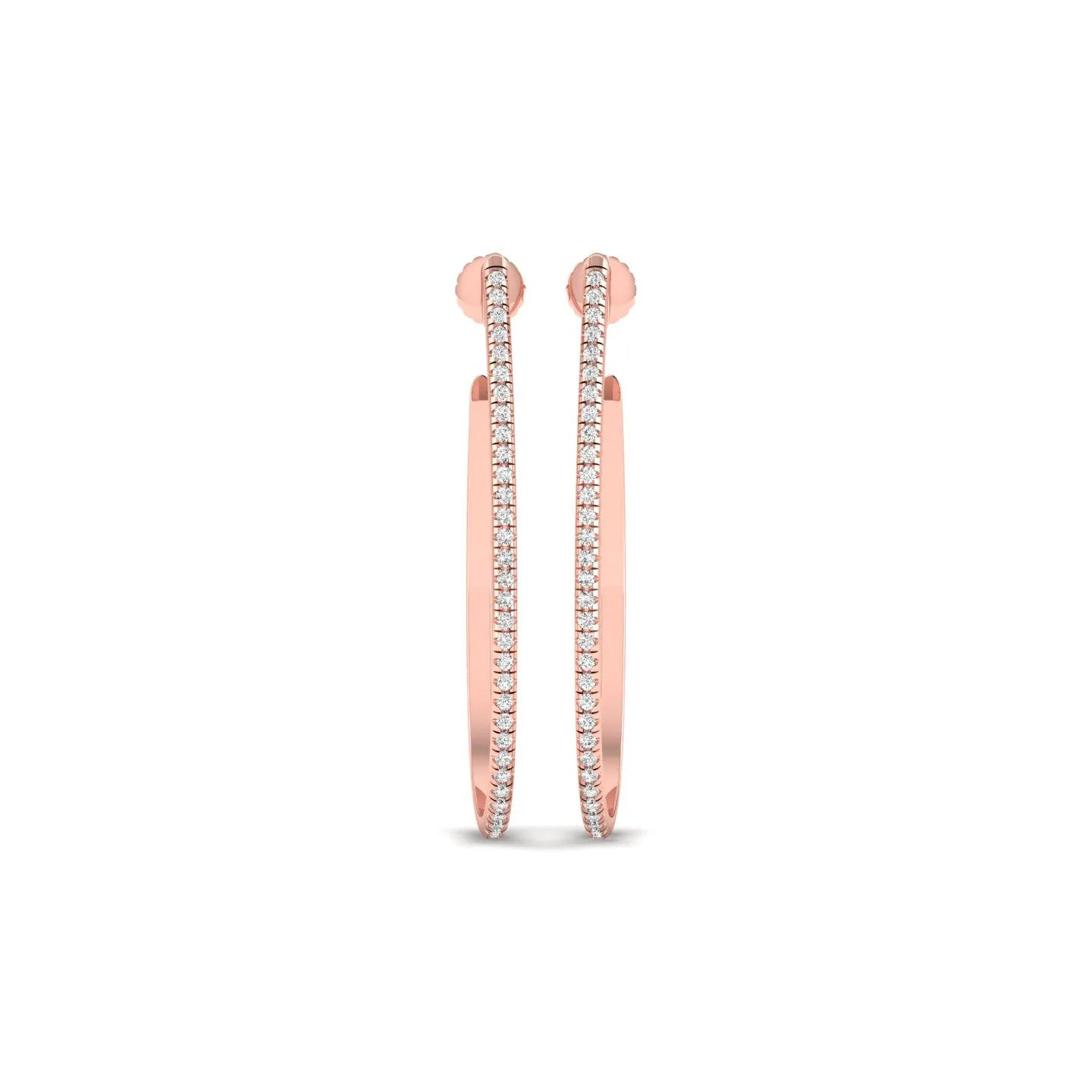 Round lab grown diamond teardrop hoop earrings featuring round brilliant diamonds set along the front outer curve in a modern open hoop design in rose gold
