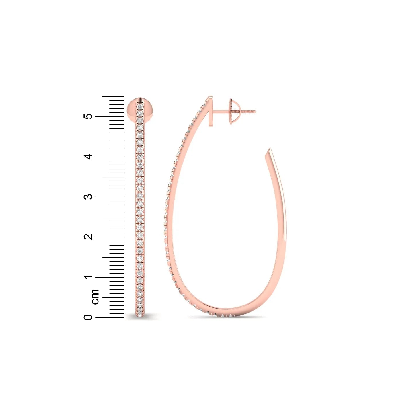 Round lab grown diamond teardrop hoop earrings featuring round brilliant diamonds set along the front outer curve in a modern open hoop design in rose gold
