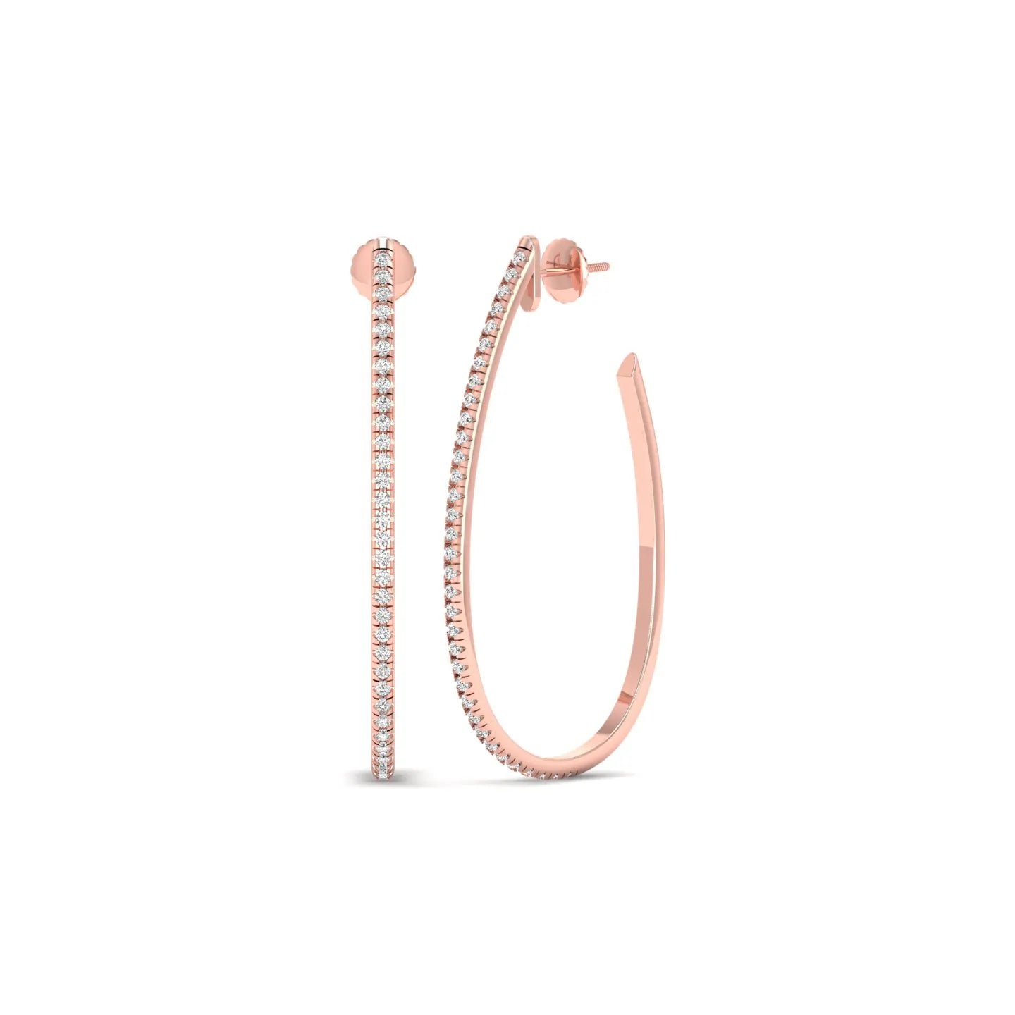 Round lab grown diamond teardrop hoop earrings featuring round brilliant diamonds set along the front outer curve in a modern open hoop design in rose gold