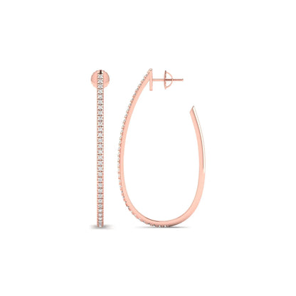 Round lab grown diamond teardrop hoop earrings featuring round brilliant diamonds set along the front outer curve in a modern open hoop design in rose gold