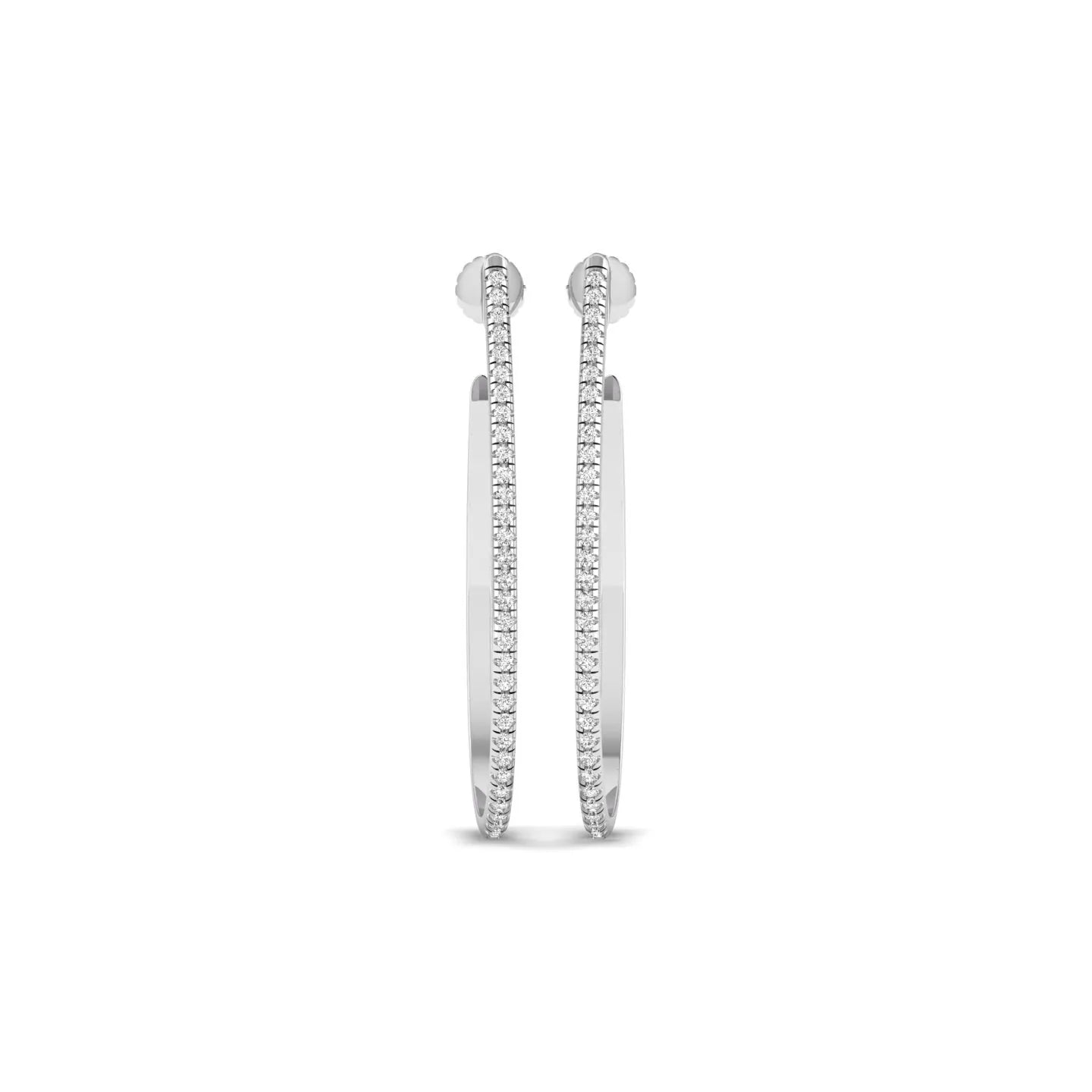 Round lab grown diamond teardrop hoop earrings featuring round brilliant diamonds set along the front outer curve in a modern open hoop design in white gold