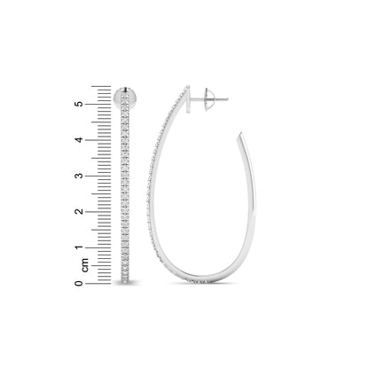 Round lab grown diamond teardrop hoop earrings featuring round brilliant diamonds set along the front outer curve in a modern open hoop design in white gold