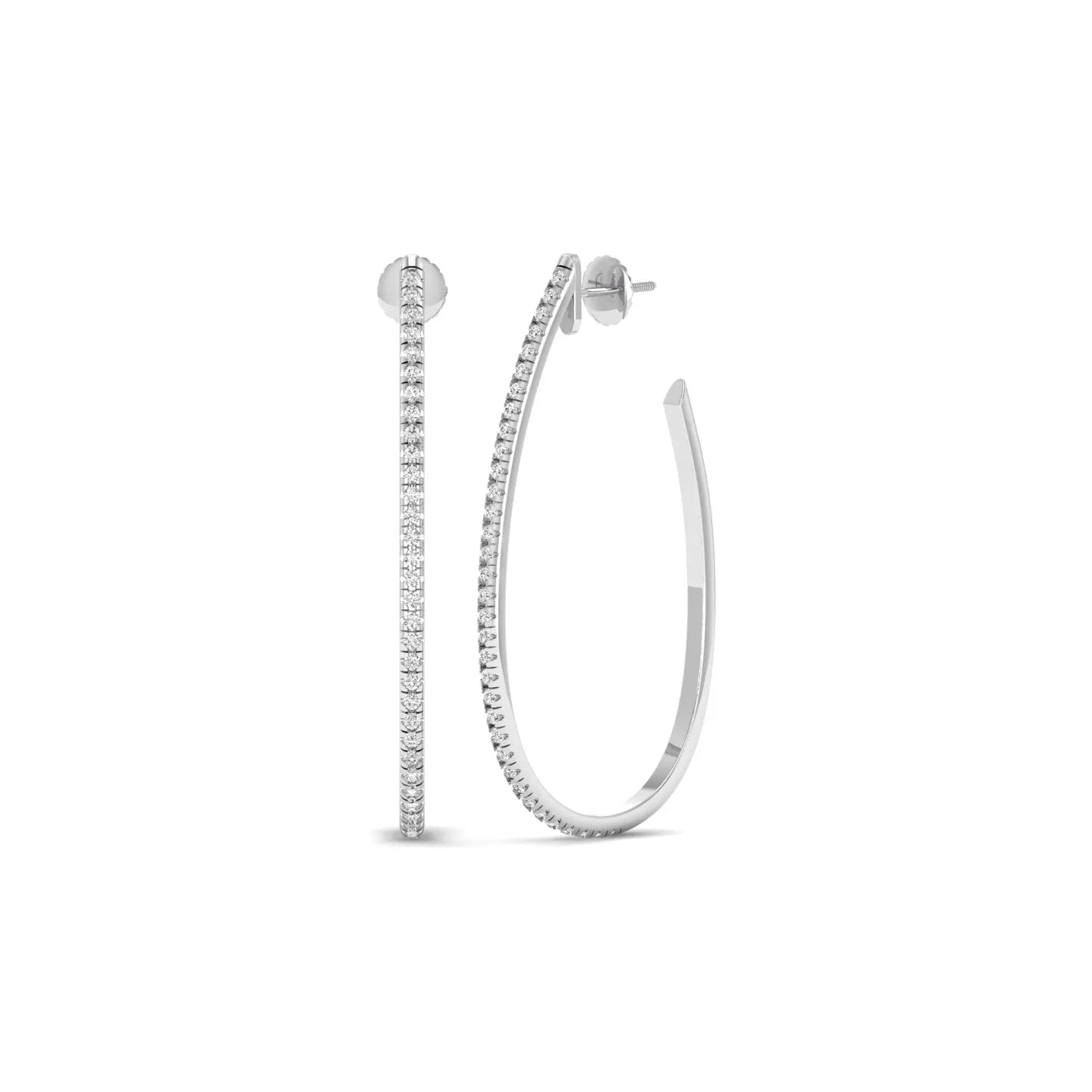 Round lab grown diamond teardrop hoop earrings featuring round brilliant diamonds set along the front outer curve in a modern open hoop design in white gold