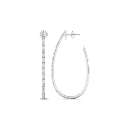 Round lab grown diamond teardrop hoop earrings featuring round brilliant diamonds set along the front outer curve in a modern open hoop design in white gold