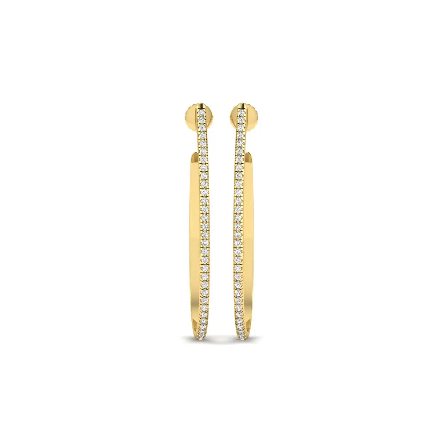 Round lab grown diamond teardrop hoop earrings featuring round brilliant diamonds set along the front outer curve in a modern open hoop design in yellow gold