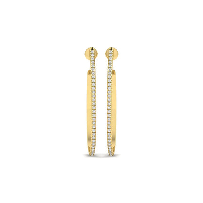 Round lab grown diamond teardrop hoop earrings featuring round brilliant diamonds set along the front outer curve in a modern open hoop design in yellow gold