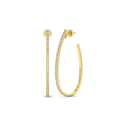 Round lab grown diamond teardrop hoop earrings featuring round brilliant diamonds set along the front outer curve in a modern open hoop design in yellow gold