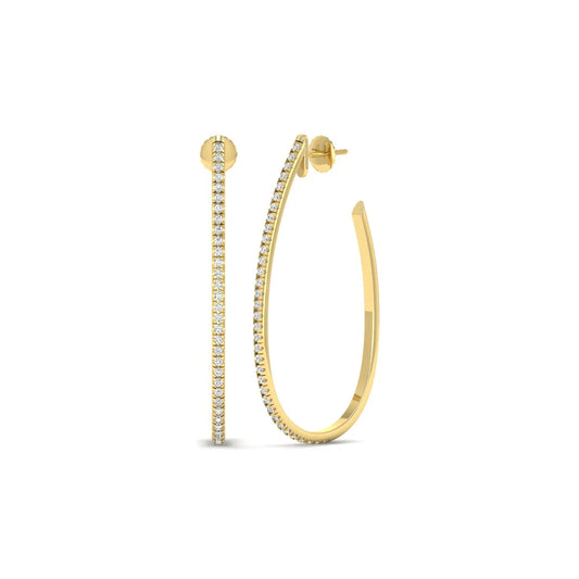 Round lab grown diamond teardrop hoop earrings featuring round brilliant diamonds set along the front outer curve in a modern open hoop design in yellow gold