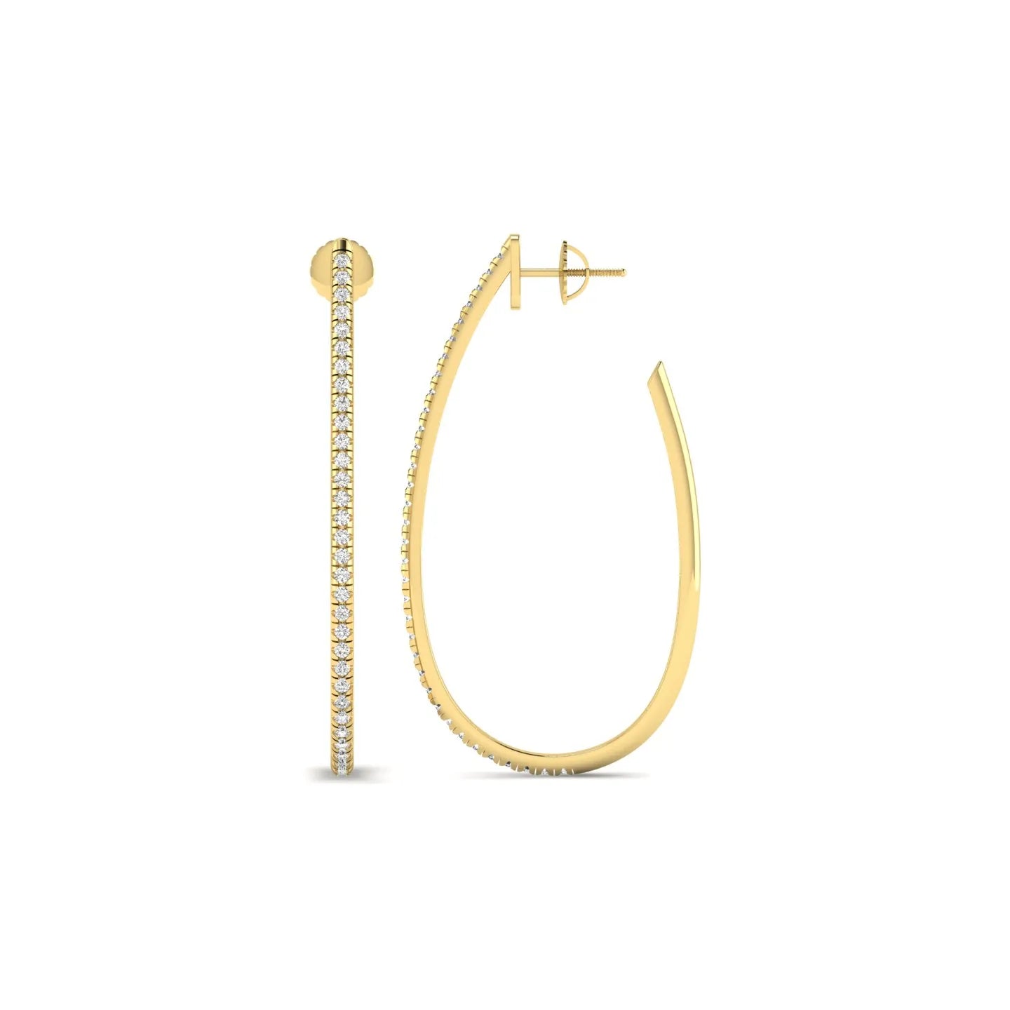 Round lab grown diamond teardrop hoop earrings featuring round brilliant diamonds set along the front outer curve in a modern open hoop design in yellow gold