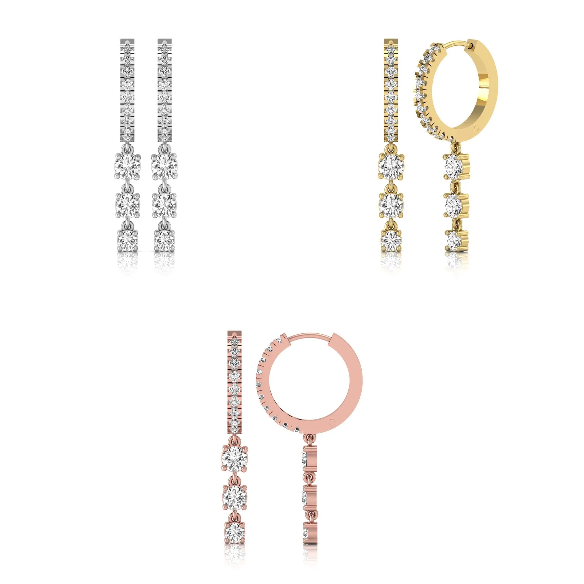 Set of gold, rose , and white hoop earrings on a white background
