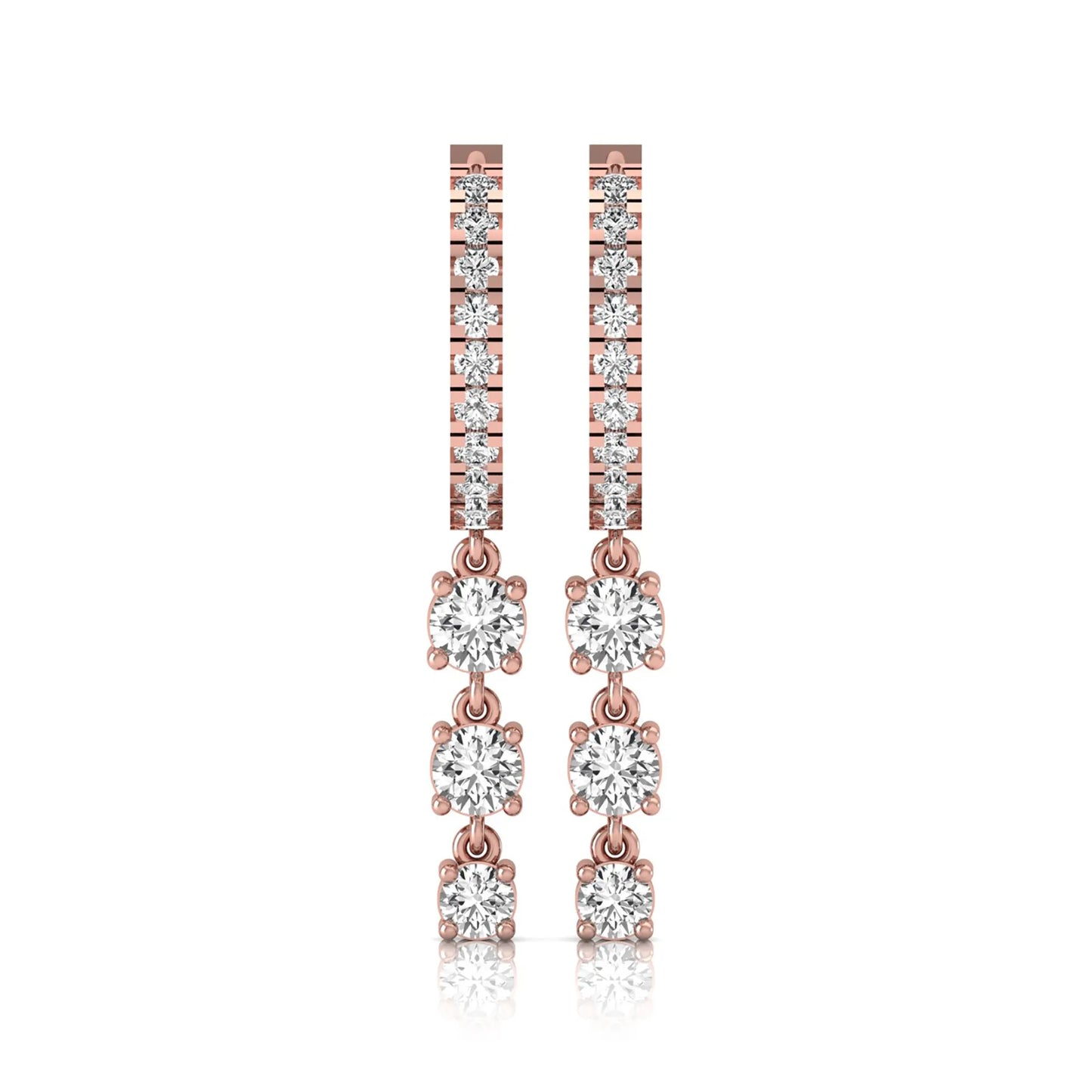 rose gold Round cut lab grown diamond three-stone drop hoop earrings with hinged hoop closure