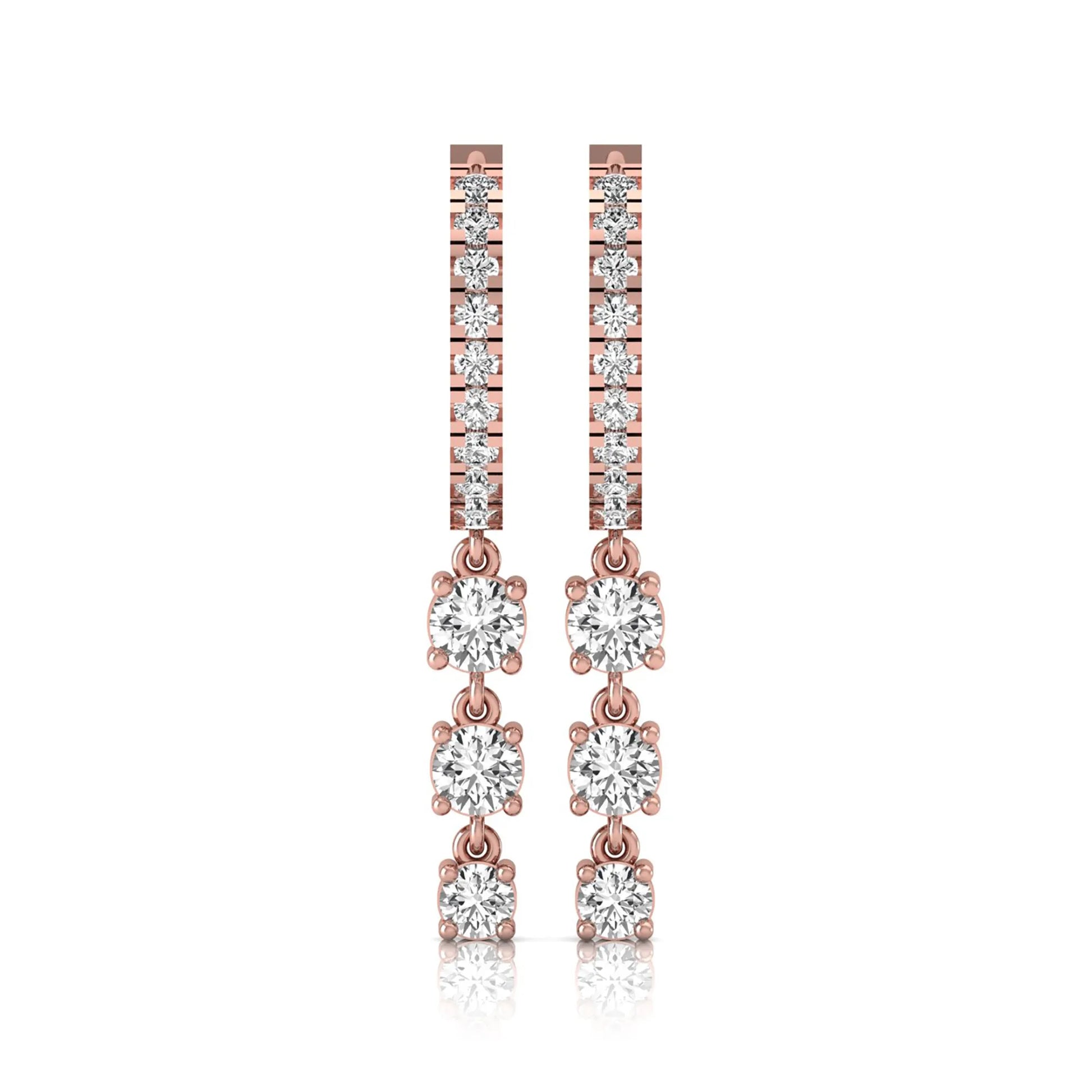 rose gold Round cut lab grown diamond three-stone drop hoop earrings with hinged hoop closure