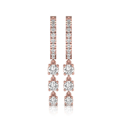 rose gold Round cut lab grown diamond three-stone drop hoop earrings with hinged hoop closure