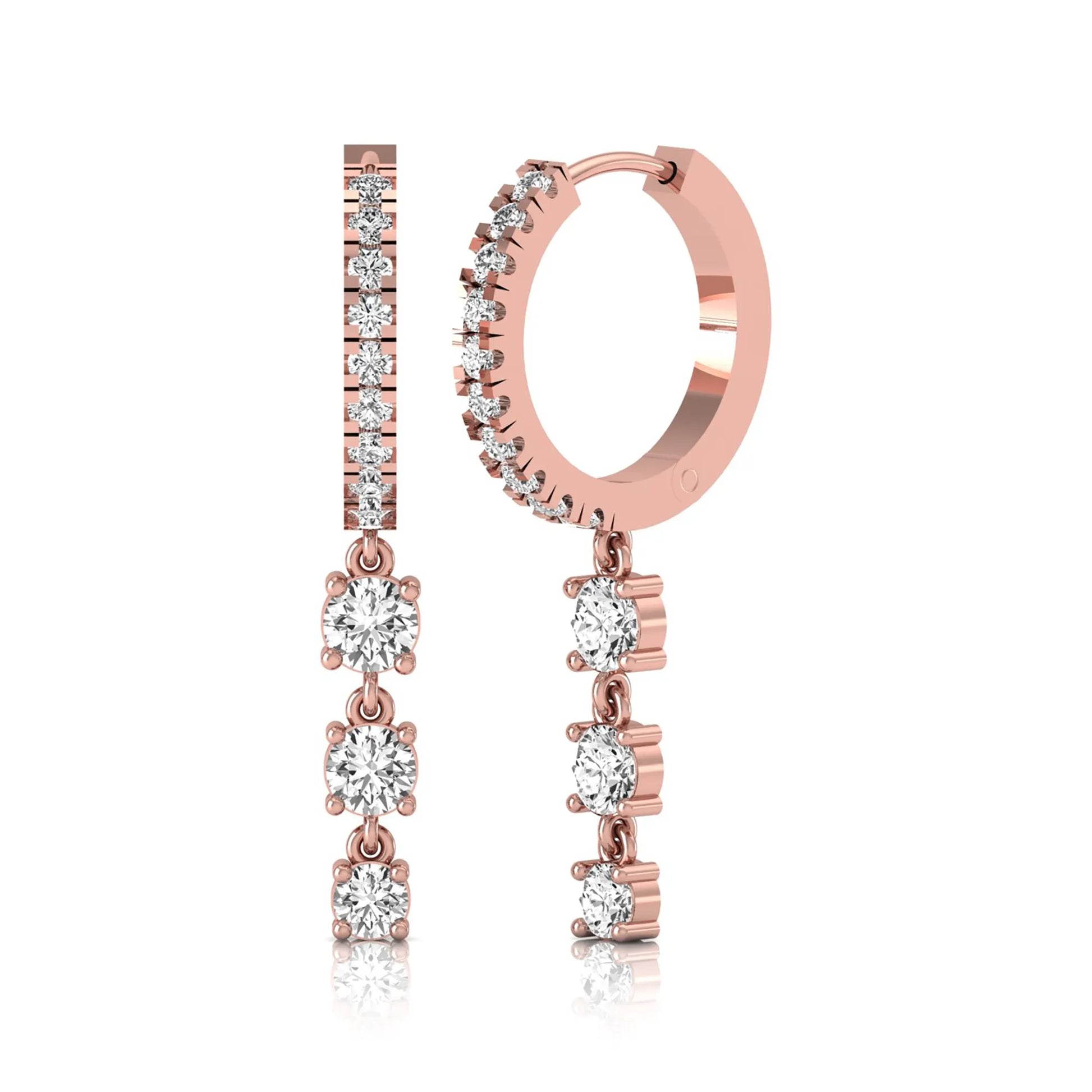 rose gold Round cut lab grown diamond three-stone drop hoop earrings with hinged hoop closure