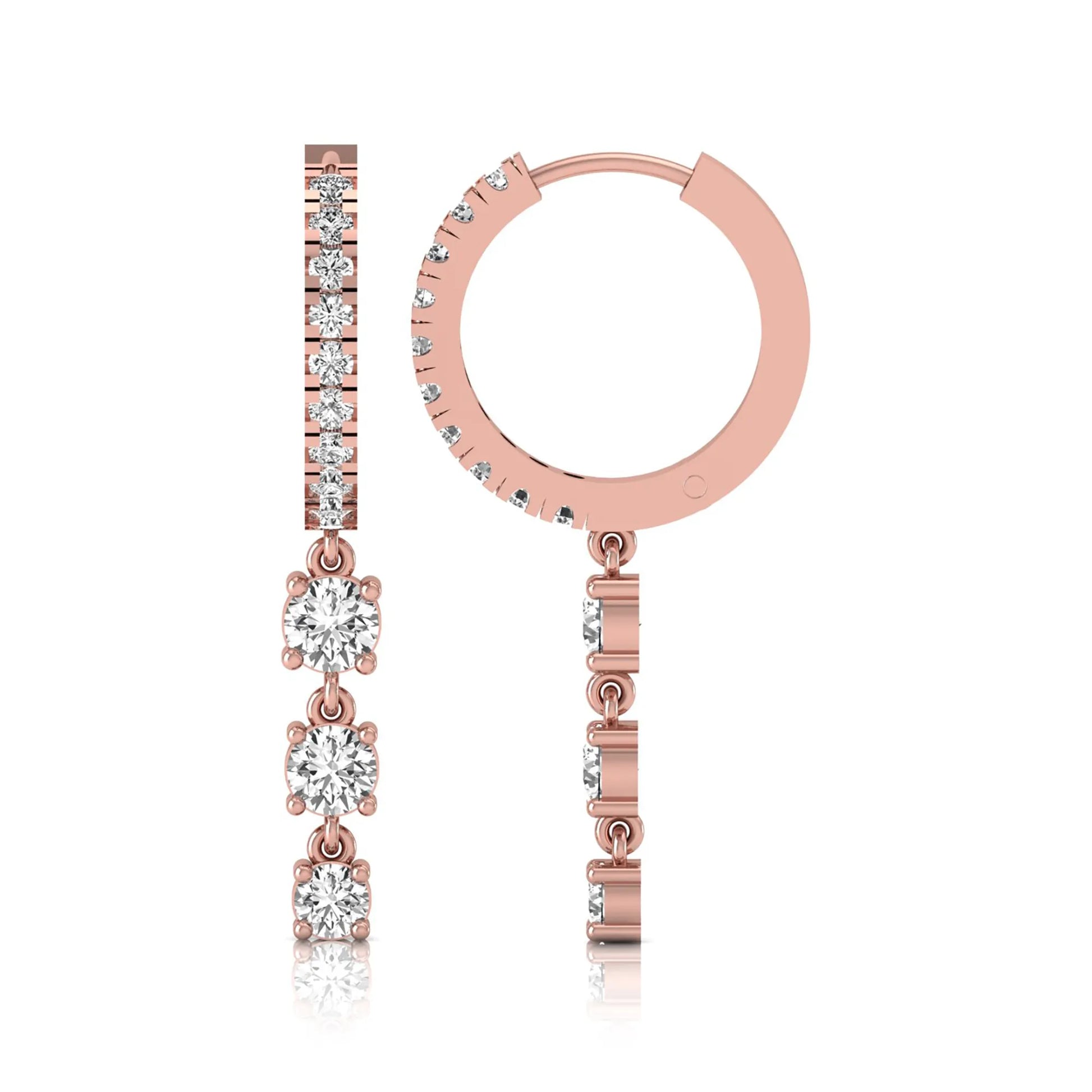 rose gold Round cut lab grown diamond three-stone drop hoop earrings with hinged hoop closure