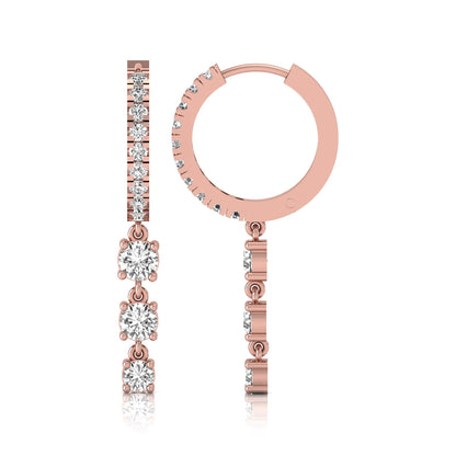 rose gold Round cut lab grown diamond three-stone drop hoop earrings with hinged hoop closure