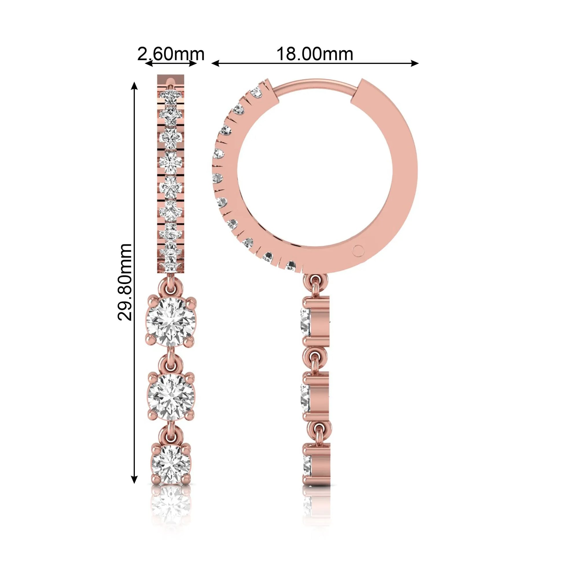 rose gold Round cut lab grown diamond three-stone drop hoop earrings with hinged hoop closure