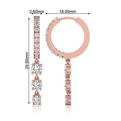 rose gold Round cut lab grown diamond three-stone drop hoop earrings with hinged hoop closure